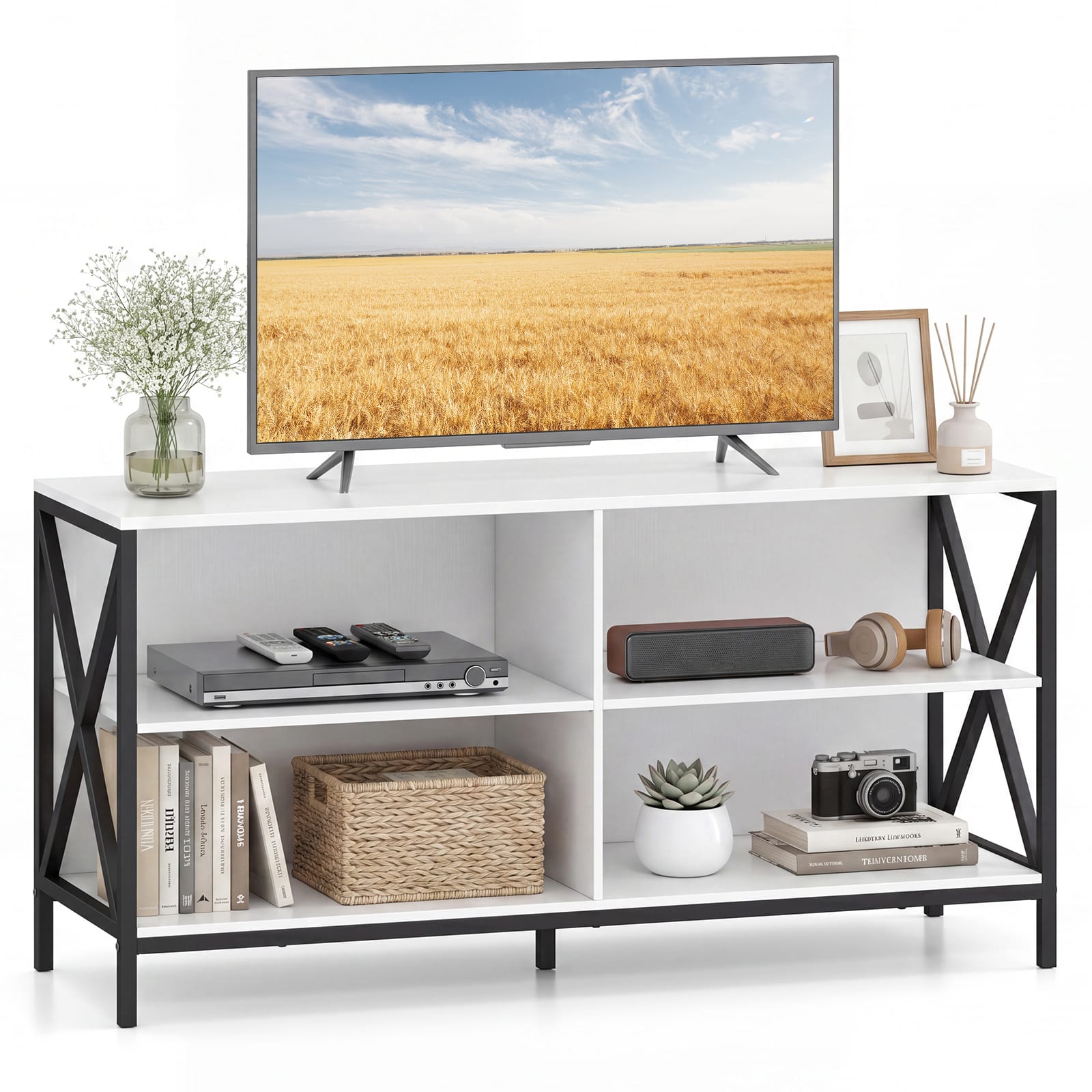 Costway - TV Stand Entertainment Media Center for TV's up to 55'' with Storage Shelves - White