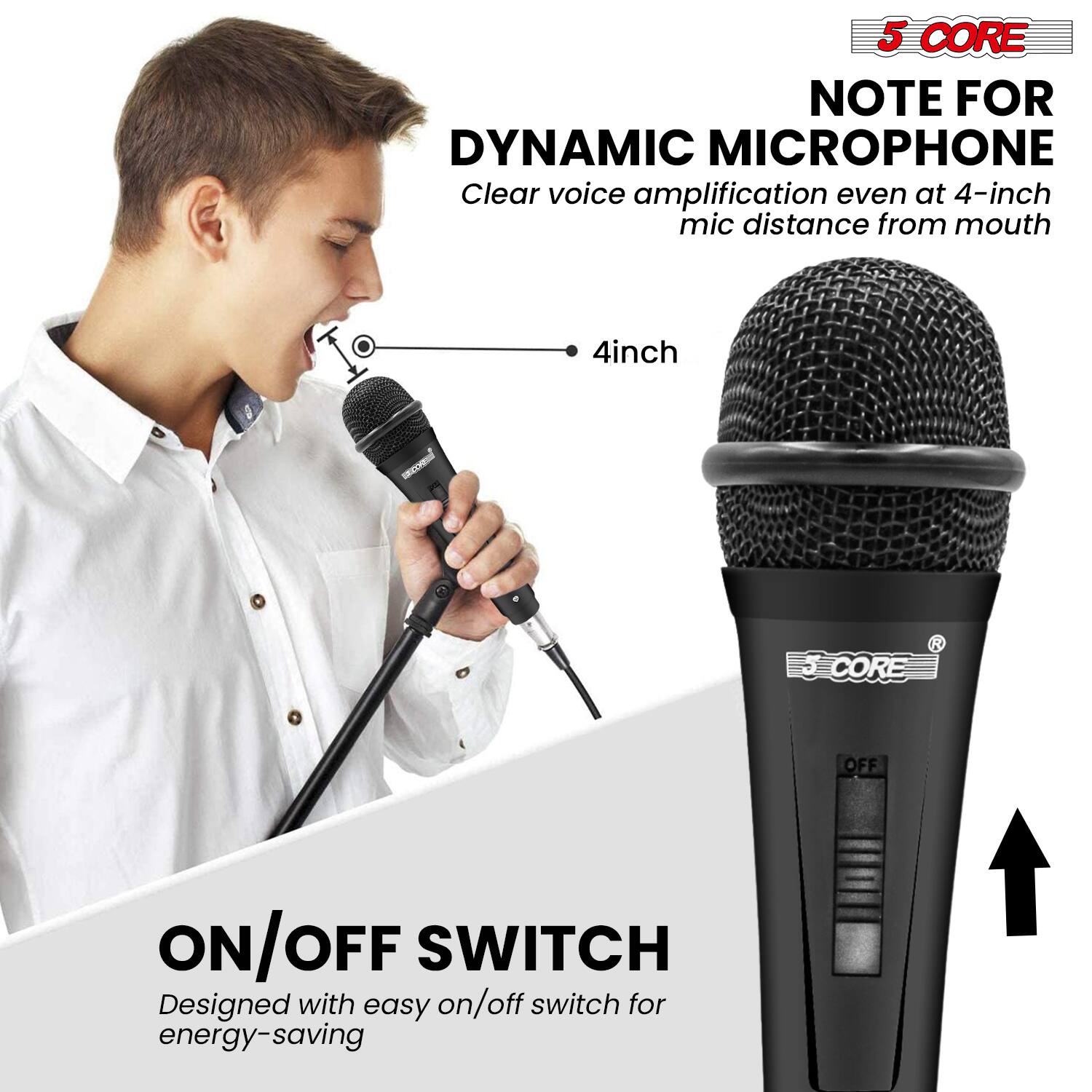 5 CORE NOTE FOR DYNAMIC MICROPHONE  
Clear voice amplification even at 4-inch mic distance from mouth  
4 inch  

ON/OFF SWITCH  
Designed with easy on/off switch for energy-saving
