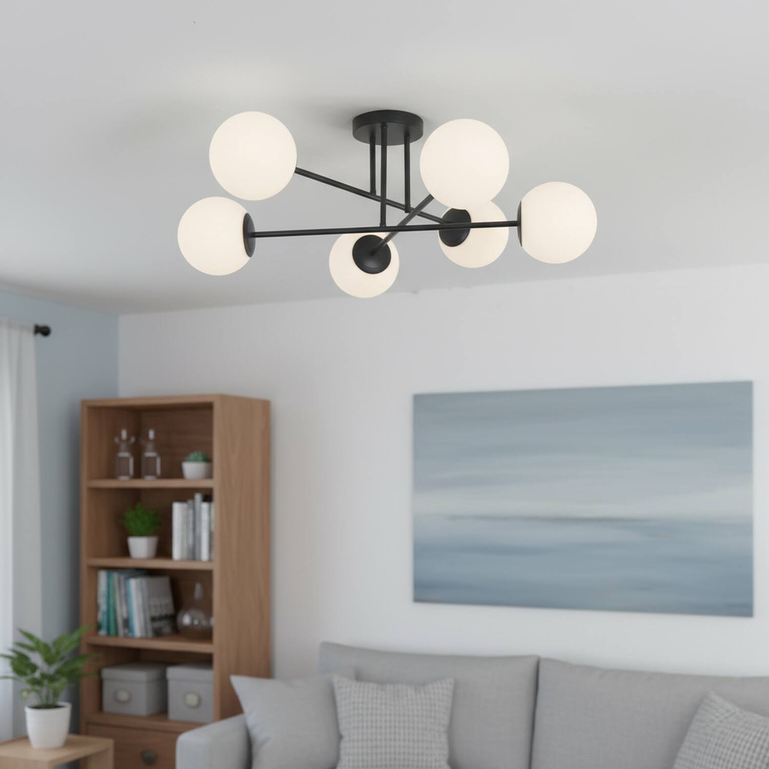 Back. Umeiluce - Modern 6-Light 30.7 Inches Semi-Flush Mount Glass Globes E12 - Matte Black.