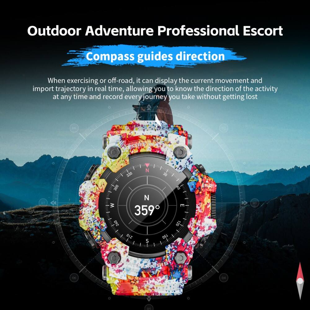 Outdoor Adventure Professional Escort  
Compass guides direction  

When exercising or off-road, it can display the current movement and import trajectory in real time, allowing you to know the direction of the activity at any time and record every journey you take without getting lost  

PORT 330 N 30 07 300 W 240 N 359 210 150 S 09 E 120 01 06 04