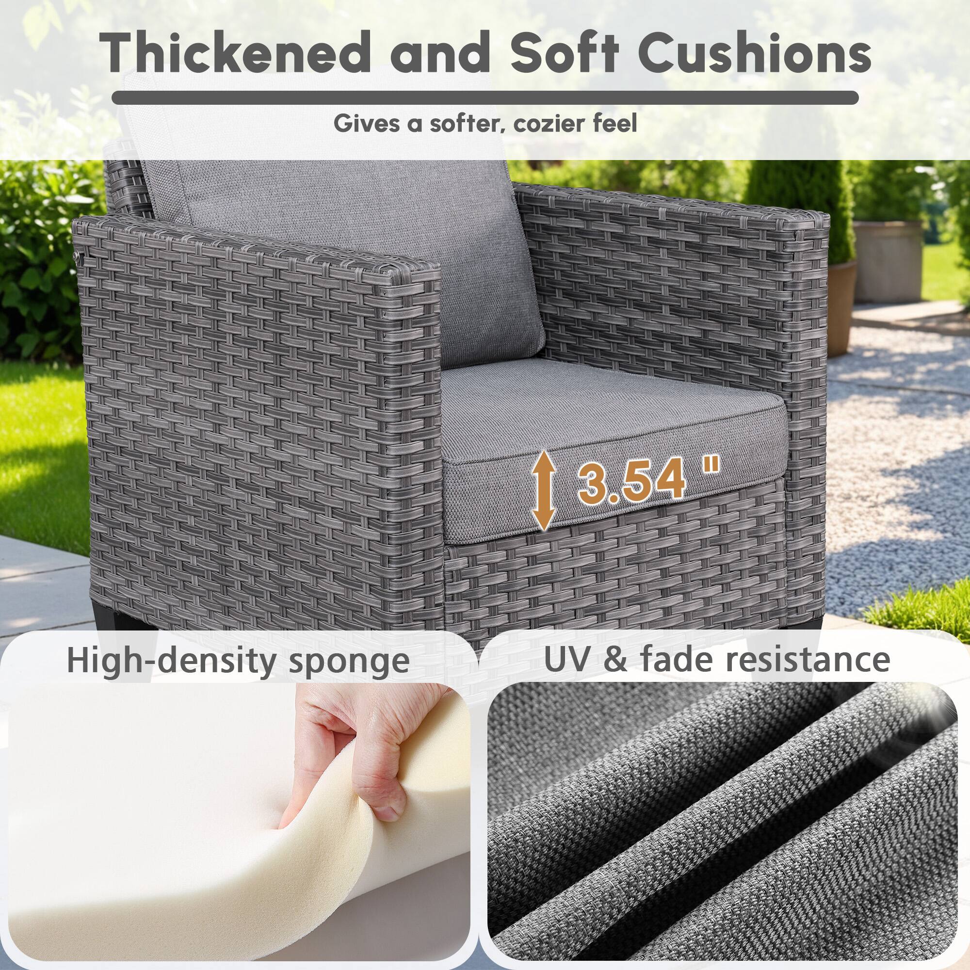 Thickened and Soft Cushions  
Gives a softer, cozier feel  

3.54"  

High-density sponge  

UV & fade resistance