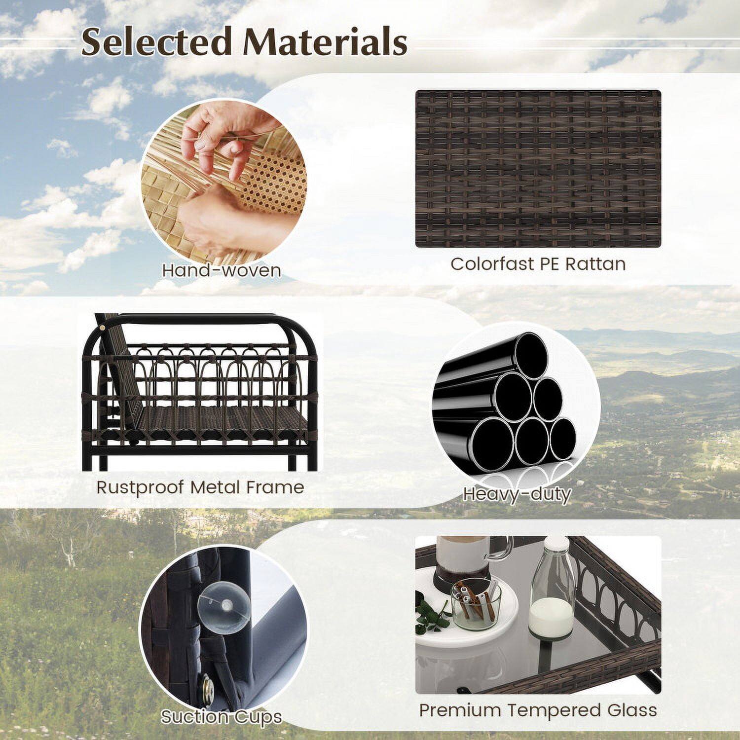 Selected Materials

- Hand-woven
- Colorfast PE Rattan
- Rustproof Metal Frame
- Heavy-duty
- Suction Cups
- Premium Tempered Glass