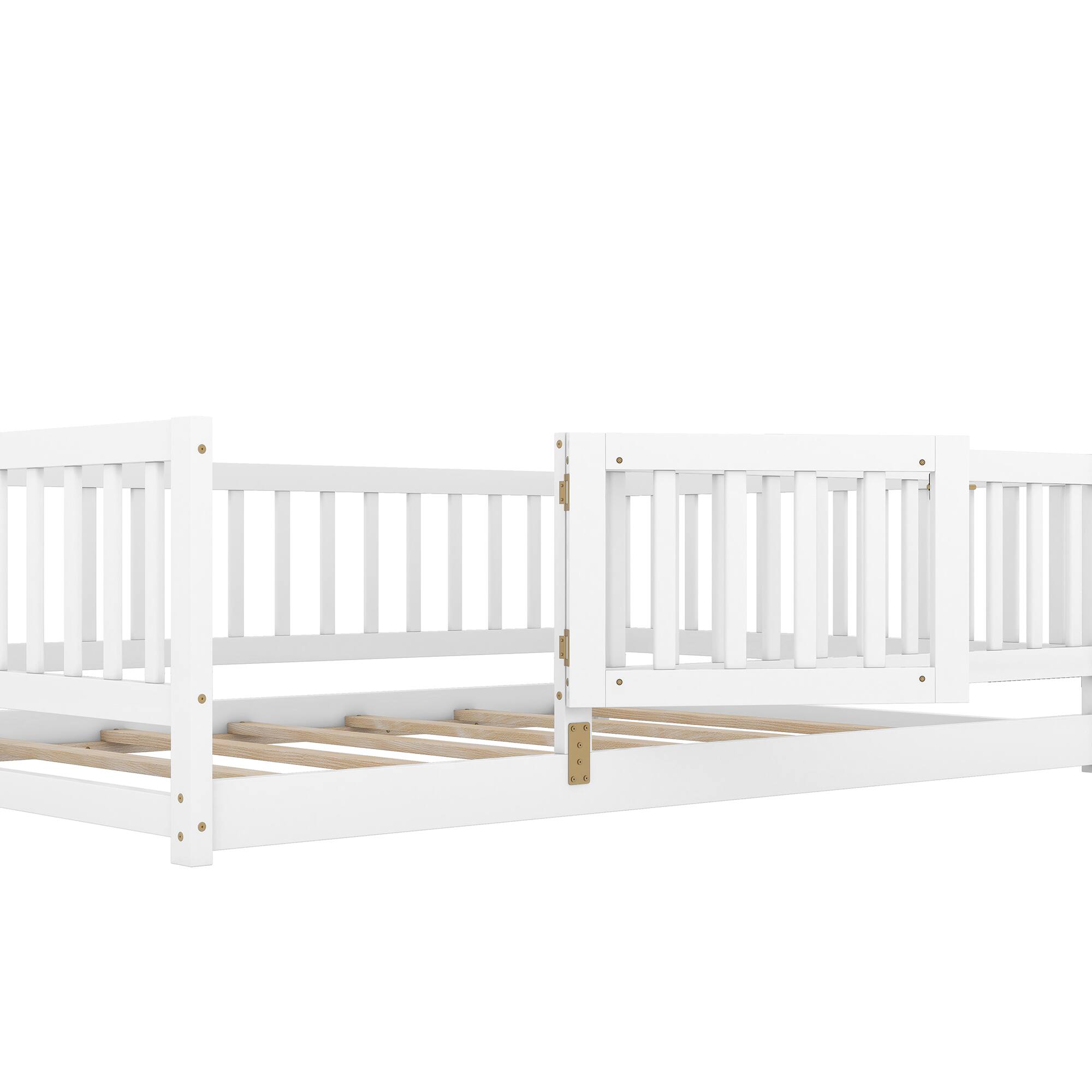 Alt View 6. GOODSILO - Full Size Montessori Floor Bed with Fence & Door - Low Profile Wood Bed Frame for Kids, Toddlers, Boys & Girls - White.