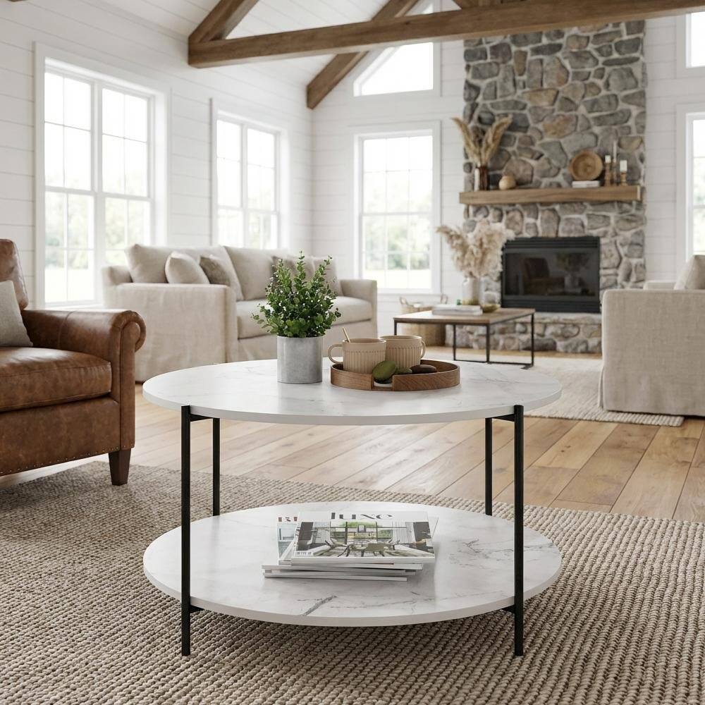 Angle. FurniFact - Round Marble White 2-Tier Coffee Table with Sturdy Metal Legs and Storage Space - Marble White, Black.