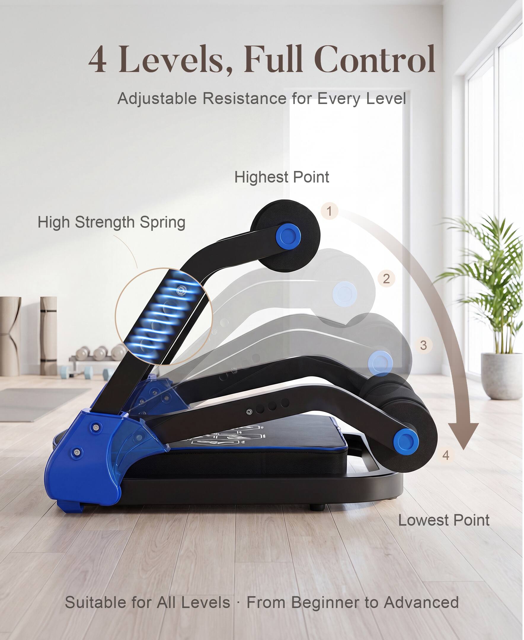 4 Levels, Full Control Adjustable Resistance for Every Level Highest Point High Strength Spring 1 2 3 4 Lowest Point Suitable for All Levels From Beginner to Advanced