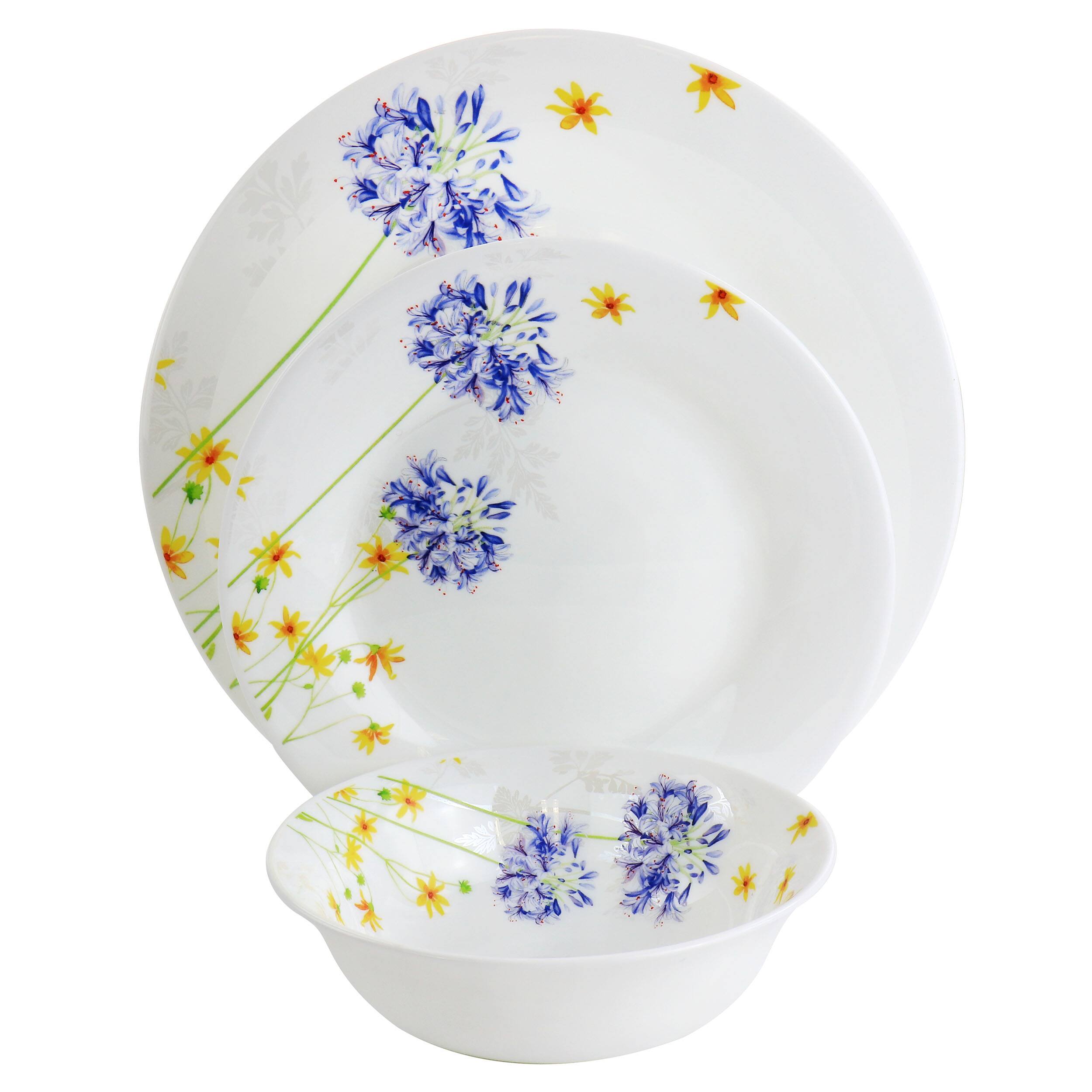 Alt View 1. Gibson - Gibson Ultra Violet Floral 12 Piece Tempered Opal Glass Dinnerware Set - White.