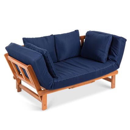 Front. Best Choice Products - Best Choice Products Outdoor Convertible Acacia Wood Futon Sofa w/ Pullout Tray, 4 Pillows, All-Weather Cushion - Navy - Navy.