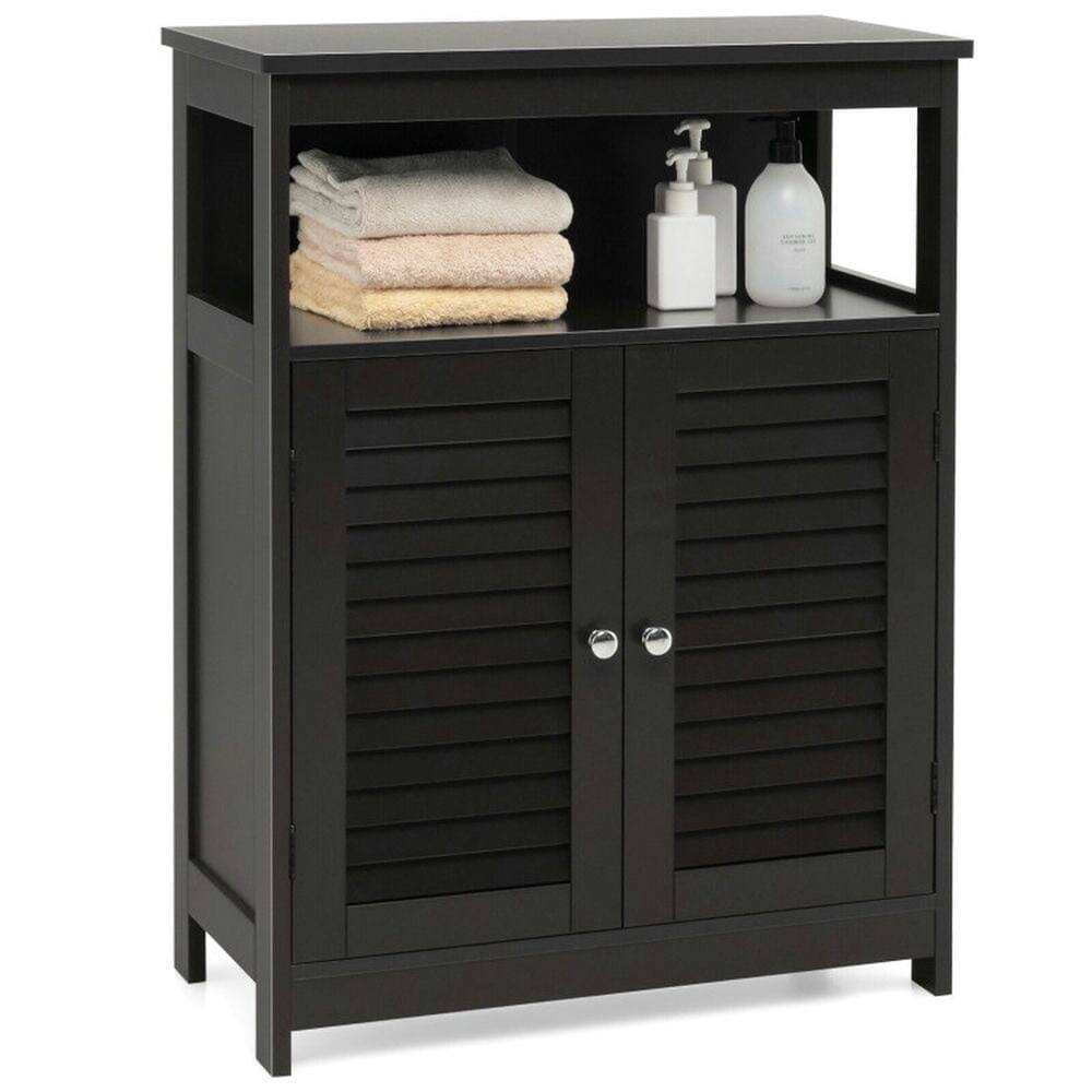 Alt View 3. Kadyn - Wood Freestanding Bathroom Storage Cabinet with Double Shutter Door-Black, Bathroom Cabinets for Entryway Storage - Black.
