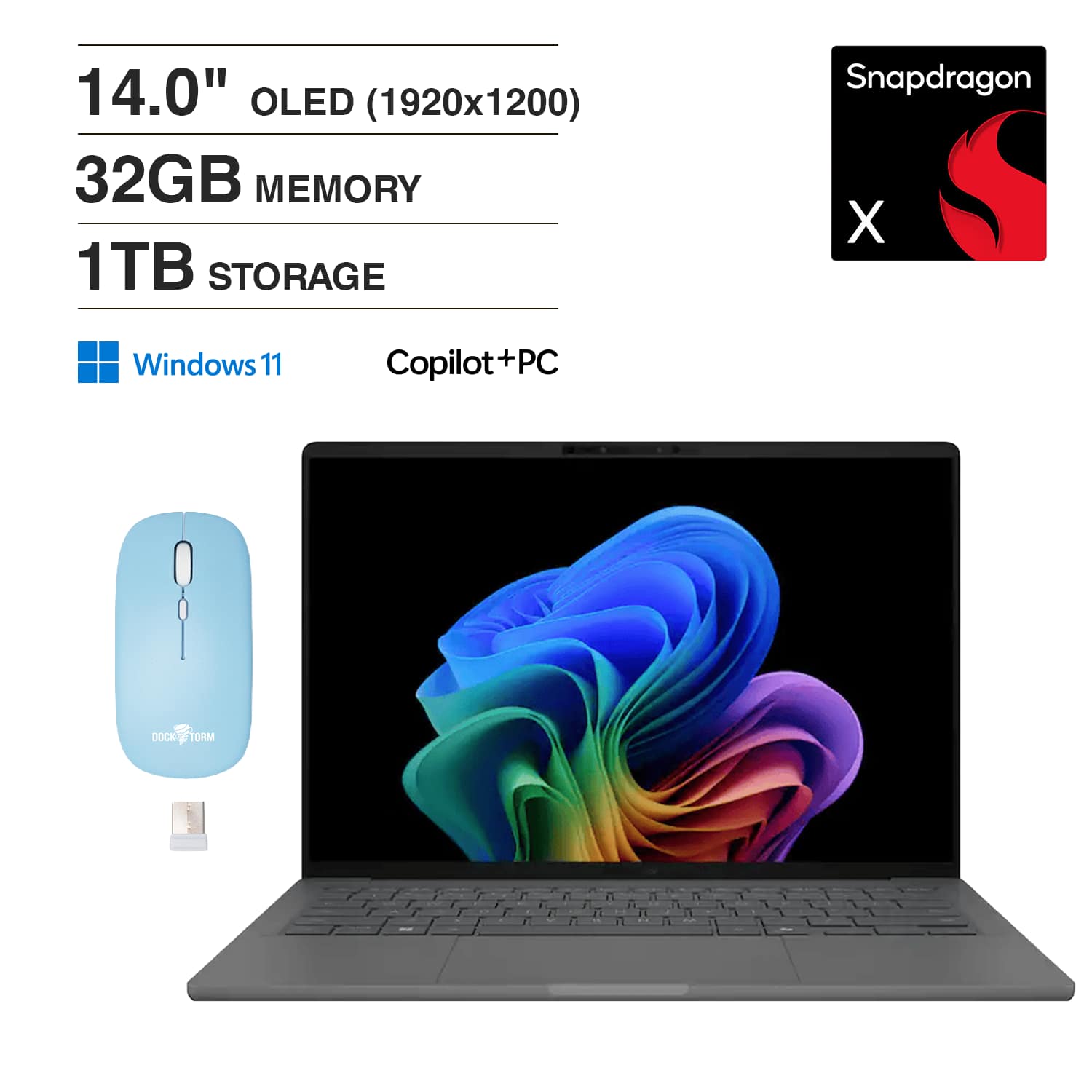 ASUS - Zenbook A14 Laptop 14.0 WUXGA Display (Snapdragon X X1-26-100, 32GB, Win 11 Home) w/Dockztorm Wireless Mouse - Iceland Gray