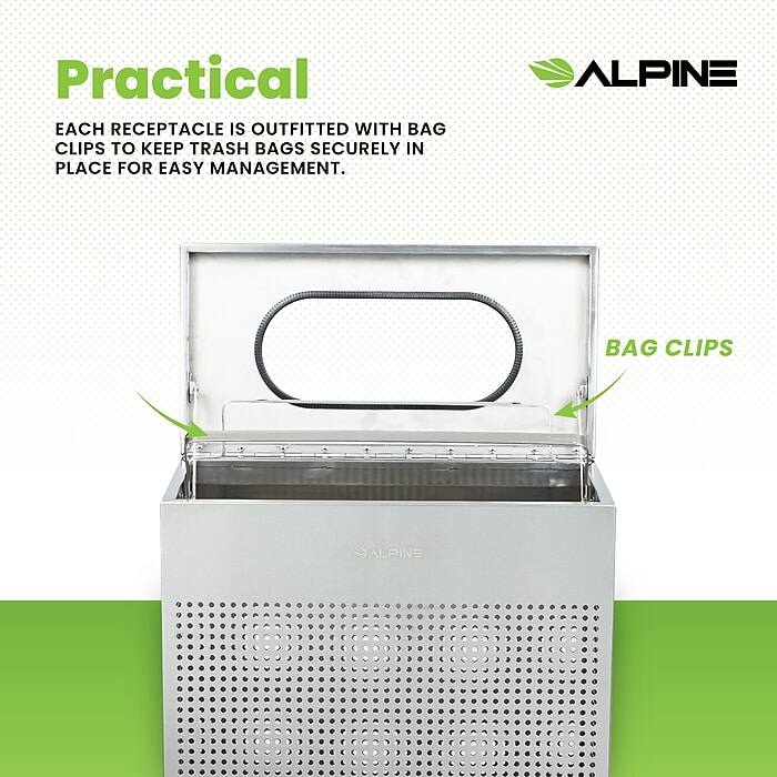 Practical

EACH RECEPTACLE IS OUTFITTED WITH BAG CLIPS TO KEEP TRASH BAGS SECURELY IN PLACE FOR EASY MANAGEMENT.

ALPINE BAG CLIPS

ALPINE
