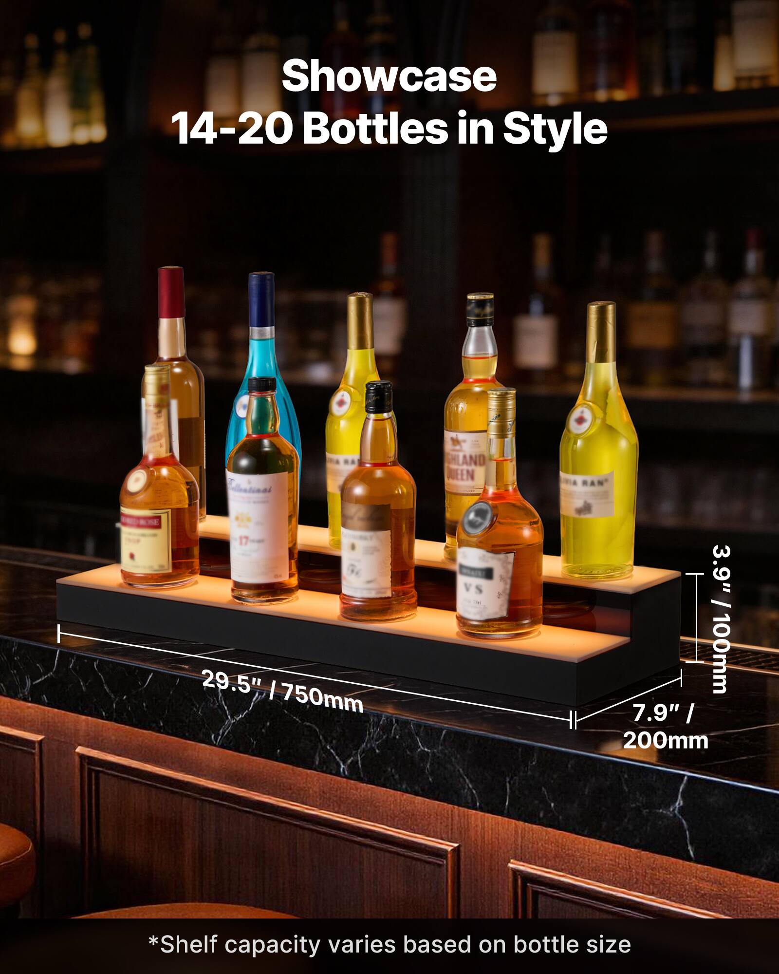 Showcase 14-20 Bottles in Style

29.5" / 750mm

3.9" / 100mm

7.9" / 200mm

*Shelf capacity varies based on bottle size