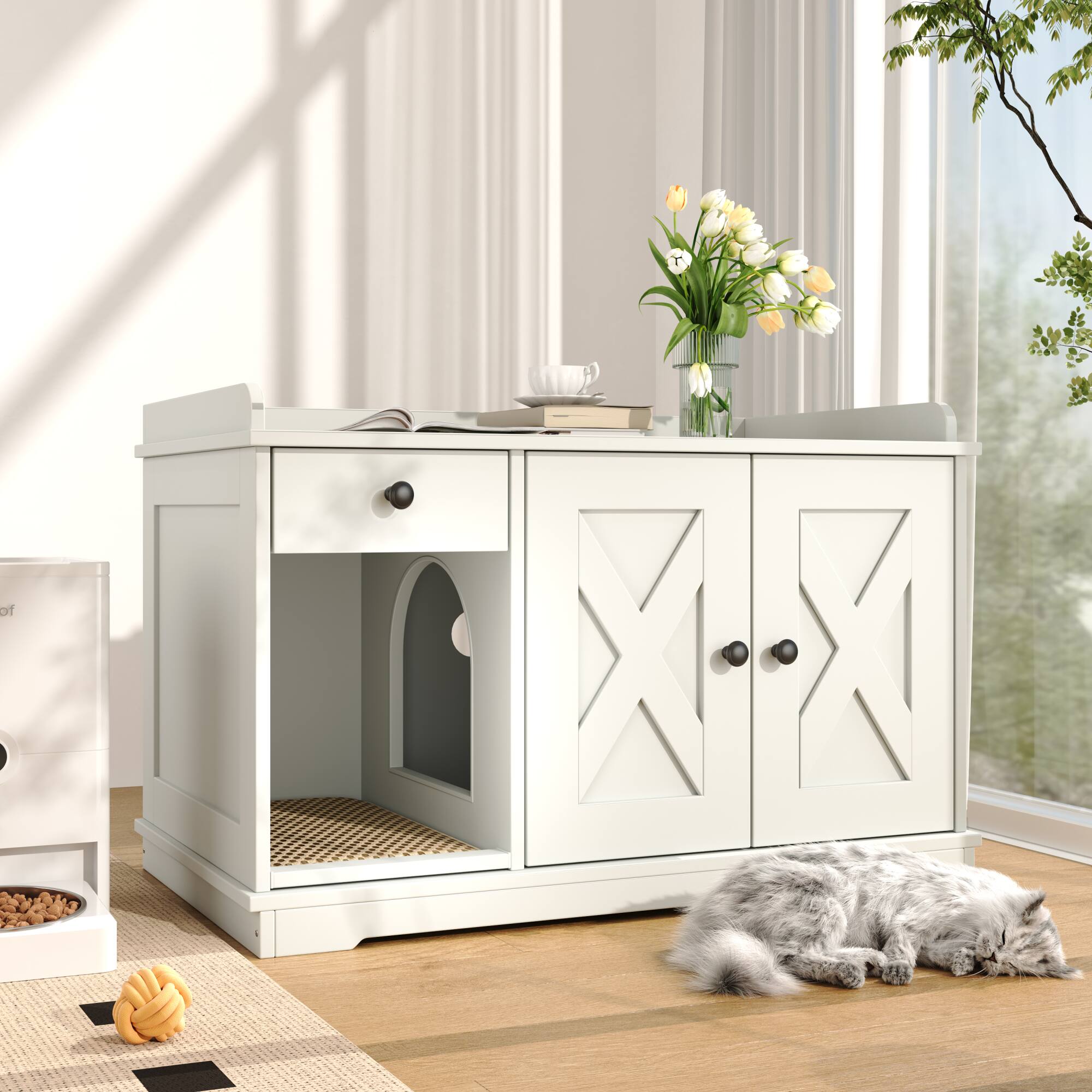 Front. ELEMENT ACE - Farmhouse Style Cat Litter Box Enclosure Furniture with Storage Drawer and Built-in Mat for Indoor Use - White.