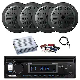 Pyle - Marine Bluetooth Stereo Receiver, 4x 6.5'' 120W Dual Cone Marine Audio Speakers, Amplifier w/Kit, Radio Antenna