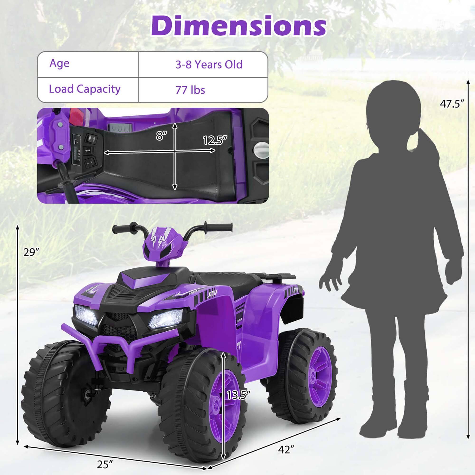 Dimensions  
Age: 3-8 Years Old  
Load Capacity: 77 lbs  

- Width: 42"  
- Length: 47.5"  
- Height: 29"  
- Seat Width: 12.5"  
- Seat Depth: 8"  
- Wheel Diameter: 13.5"  
- Wheel Width: 25"