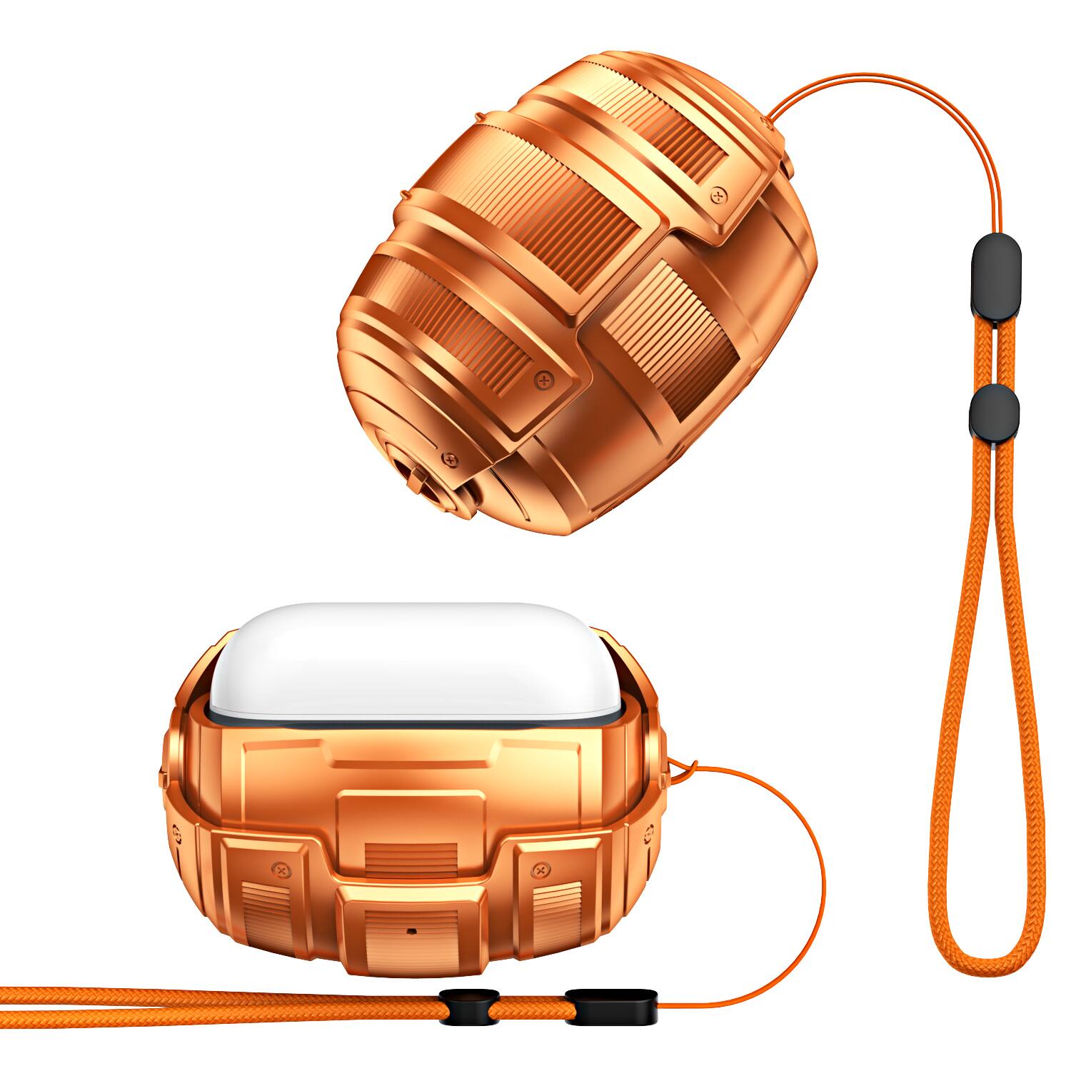 Angle. Dteck - Rugged Shockproof Case for Airpods Pro 3rd Gen (2025) with Lanyard, Full Body Protective Cover, Secure Magnetic Lock - Orange.