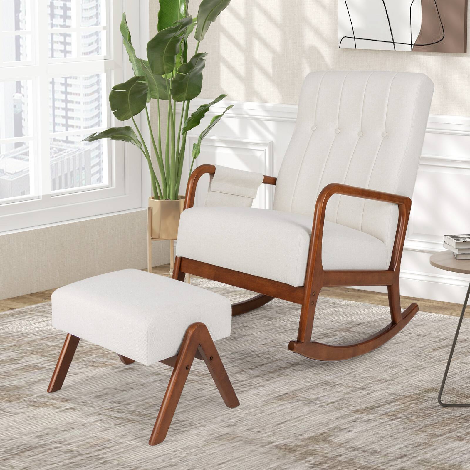 Alt View 9. Ecooso - Rocking Chair with Ottoman and Solid Rubber Wood Frame, Padded Cushion for Comfort - Beige.