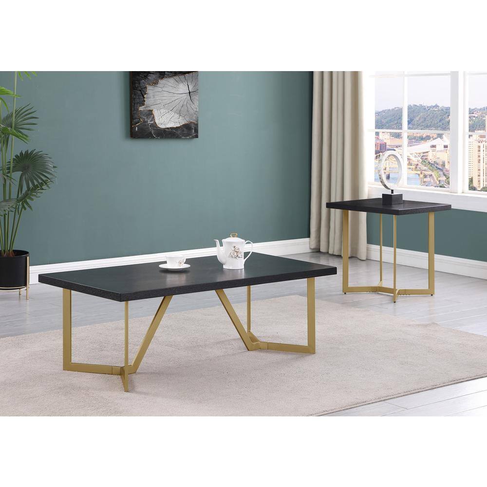 Alt View 1. Best Quality Furniture - 2pc Black wood top coffee set w/gold color iron base (coffee+end table) - Black.