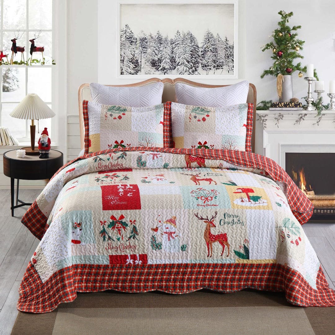 MarCielo - 3-Piece Deer Festive Queen Size Quilt Set B023 - Red