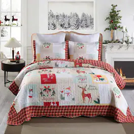 MarCielo - 3-Piece Deer Festive Queen Size Quilt Set B023 - Red