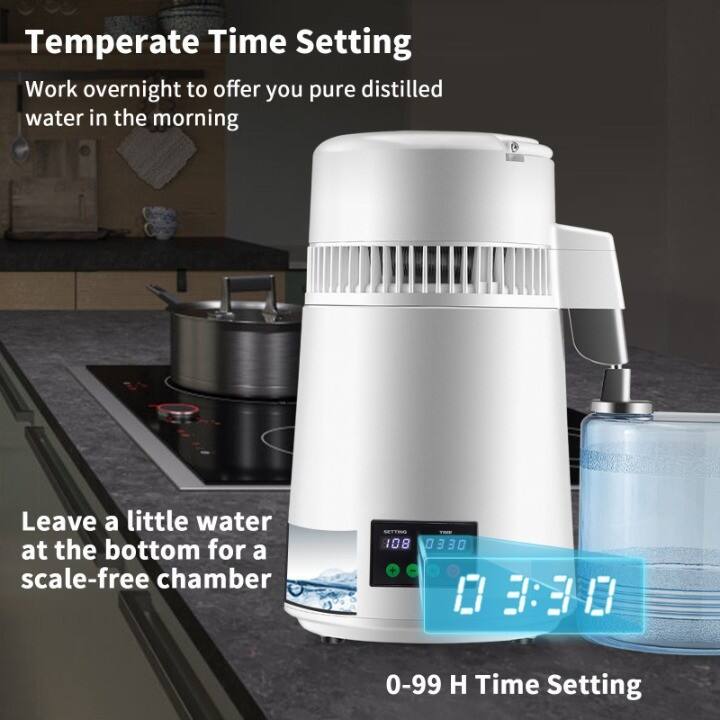 Temperate Time Setting  
Work overnight to offer you pure distilled water in the morning  

Leave a little water at the bottom for a scale-free chamber  

0-99 H Time Setting