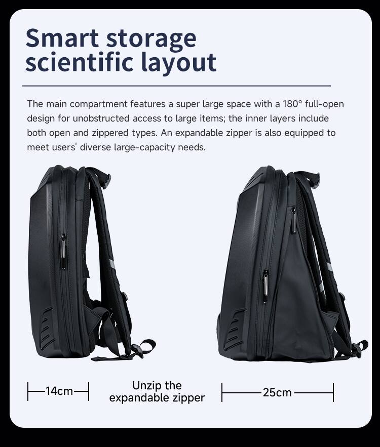 Smart storage scientific layout

The main compartment features a super large space with a 180° full-open design for unobstructed access to large items; the inner layers include both open and zippered types. An expandable zipper is also equipped to meet users' diverse large-capacity needs.

14cm Unzip the expandable zipper 25cm