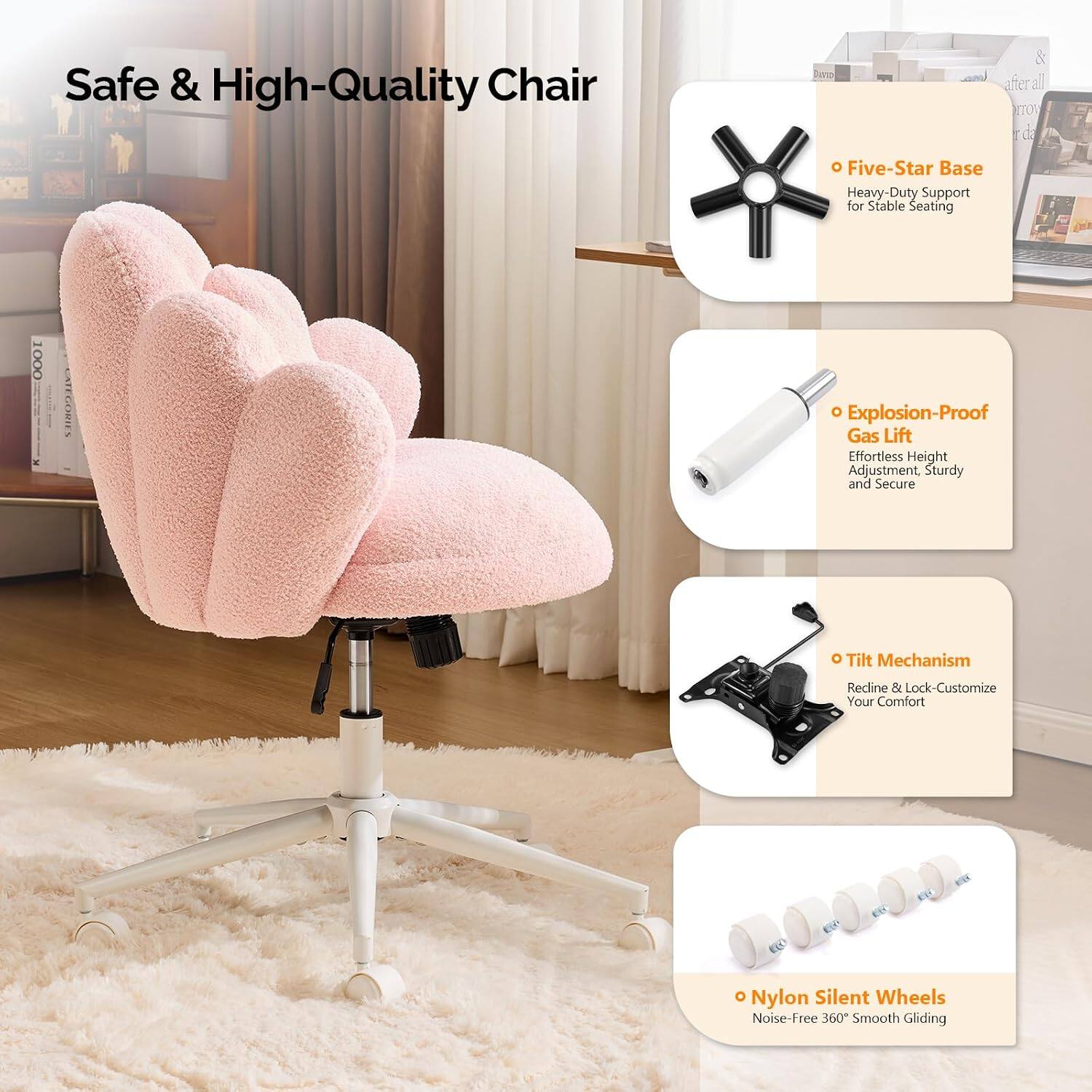 Safe & High-Quality Chair

- Five-Star Base
  - Heavy-Duty Support for Stable Seating

- Explosion-Proof Gas Lift
  - Effortless Height Adjustment, Sturdy and Secure

- Tilt Mechanism
  - Recline & Lock - Customize Your Comfort

- Nylon Silent Wheels
  - Noise-Free 360° Smooth Gliding