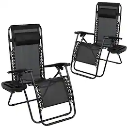 Emma + Oliver - 2 Pack Adjustable Mesh Zero Gravity Lounge Chair with Cup Holder Tray - Black