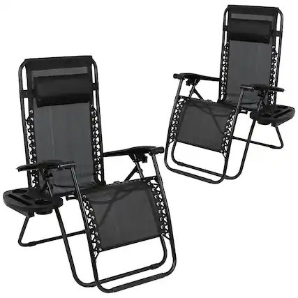 Front. Emma + Oliver - 2 Pack Adjustable Mesh Zero Gravity Lounge Chair with Cup Holder Tray - Black.