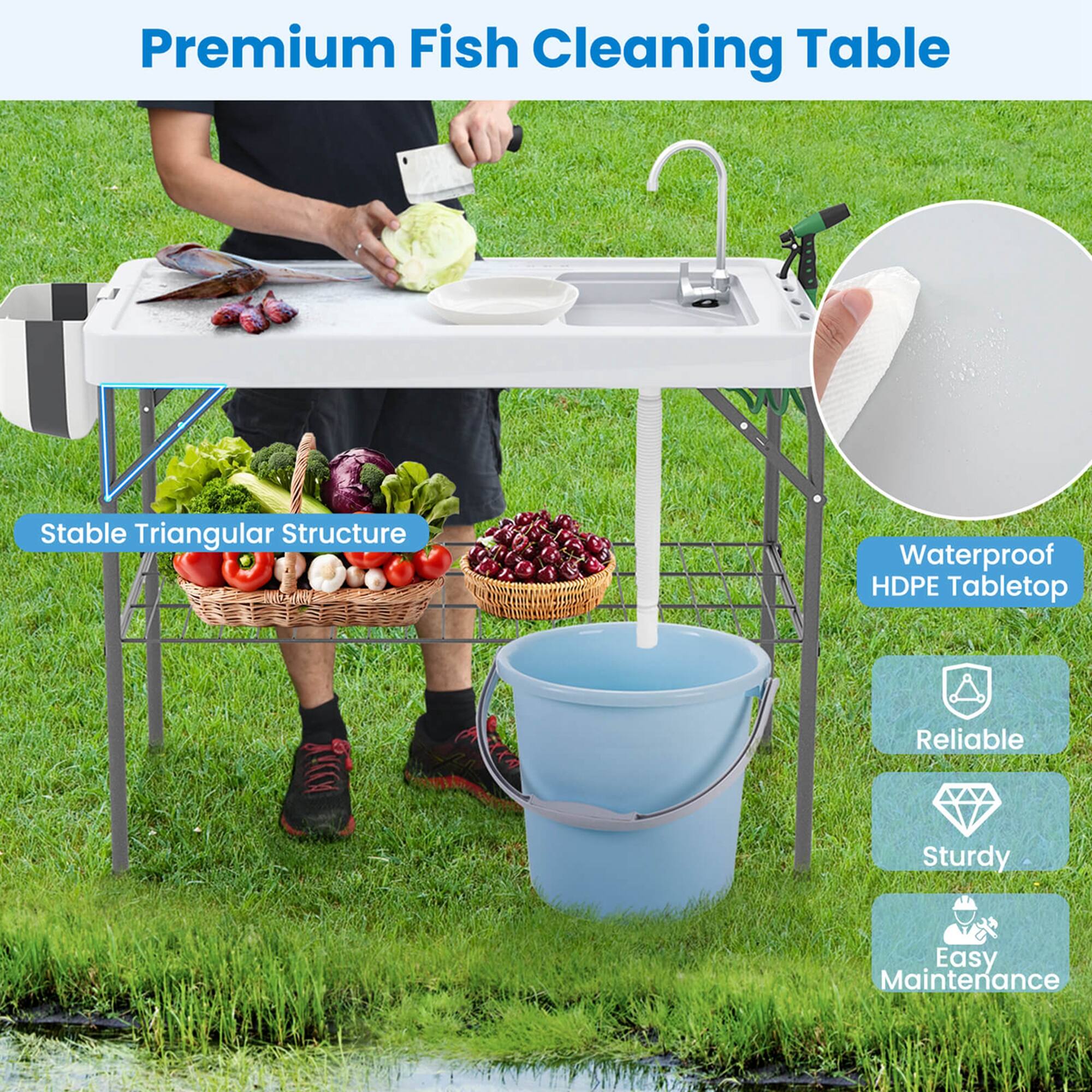 Premium Fish Cleaning Table

- Stable Triangular Structure
- Waterproof HDPE Tabletop
- Reliable
- Sturdy
- Easy Maintenance