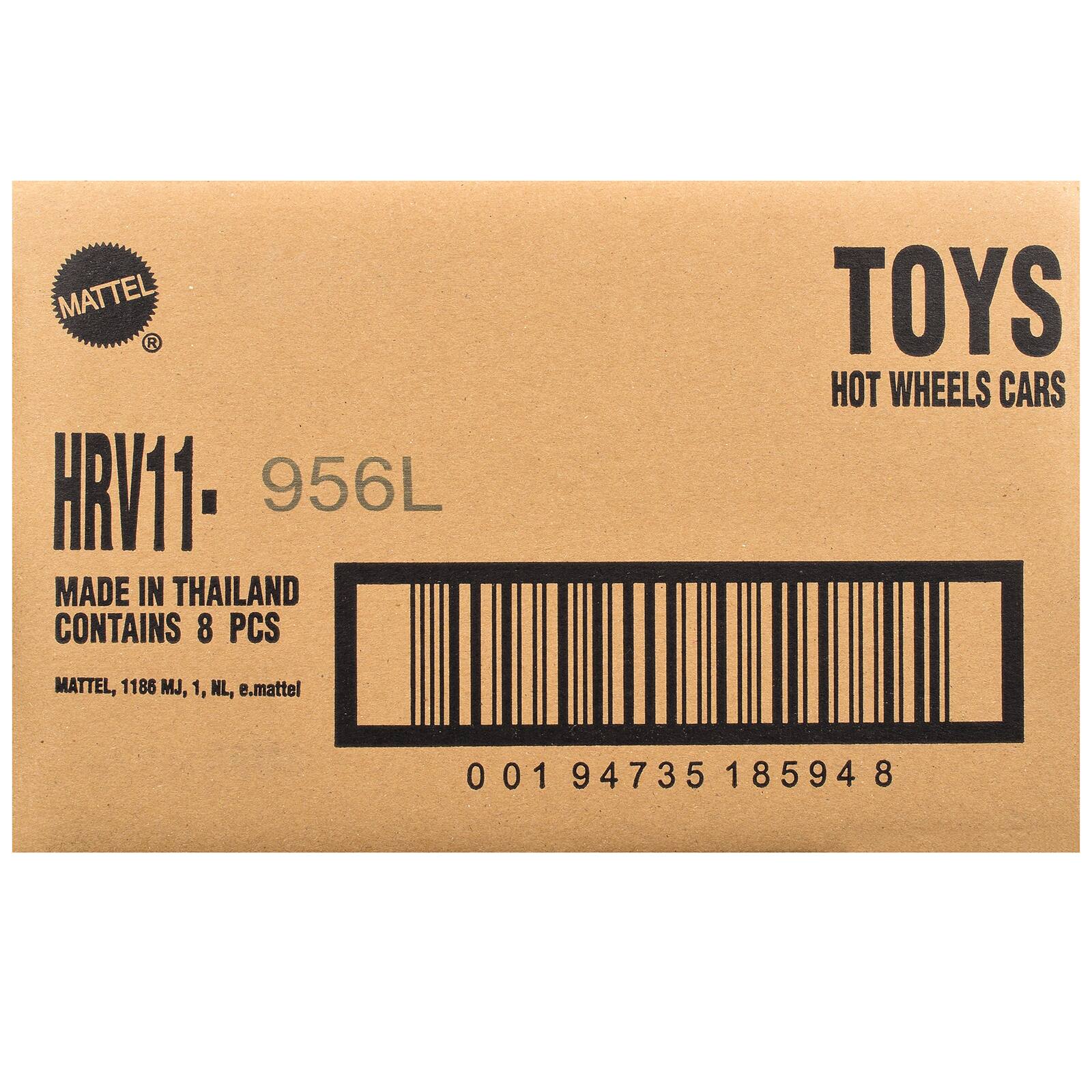 MATTEL  
HRV11- 956L  
MADE IN THAILAND  
CONTAINS 8 PCS  
TOYS  
HOT WHEELS CARS  
MATTEL, 1186 MJ, 1, NL, e.mattel  
001 94735 18594 8