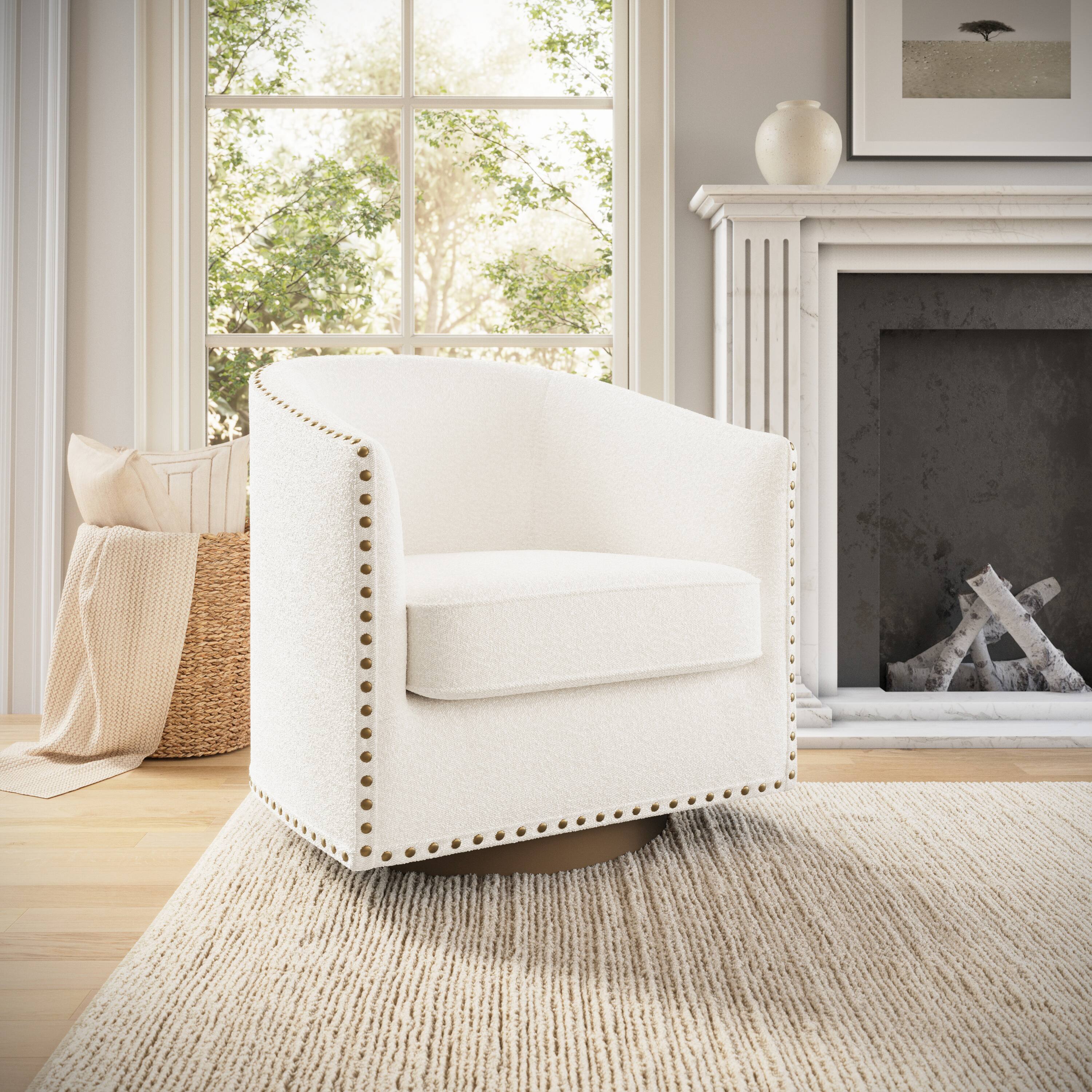 Alt View 1. Emma + Oliver - Cole Upholstered Club Style Barrel Accent Chair with 360° Swivel Base and Decorative Nail Head Trim - Cream Boucle.