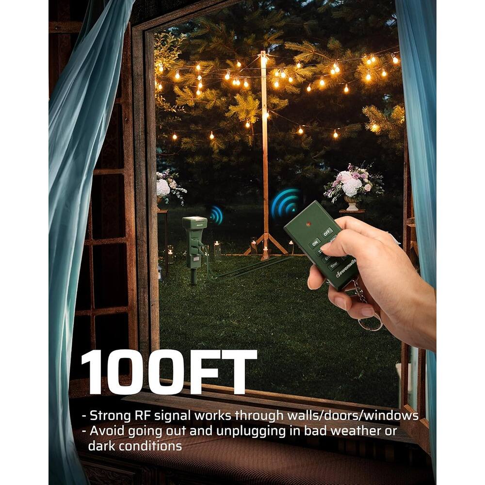 Left. RTMB - Outdoor Power Stake Timer 6 Outlets, Remote 100FT, Dusk-to-Dawn, 15A - Green.