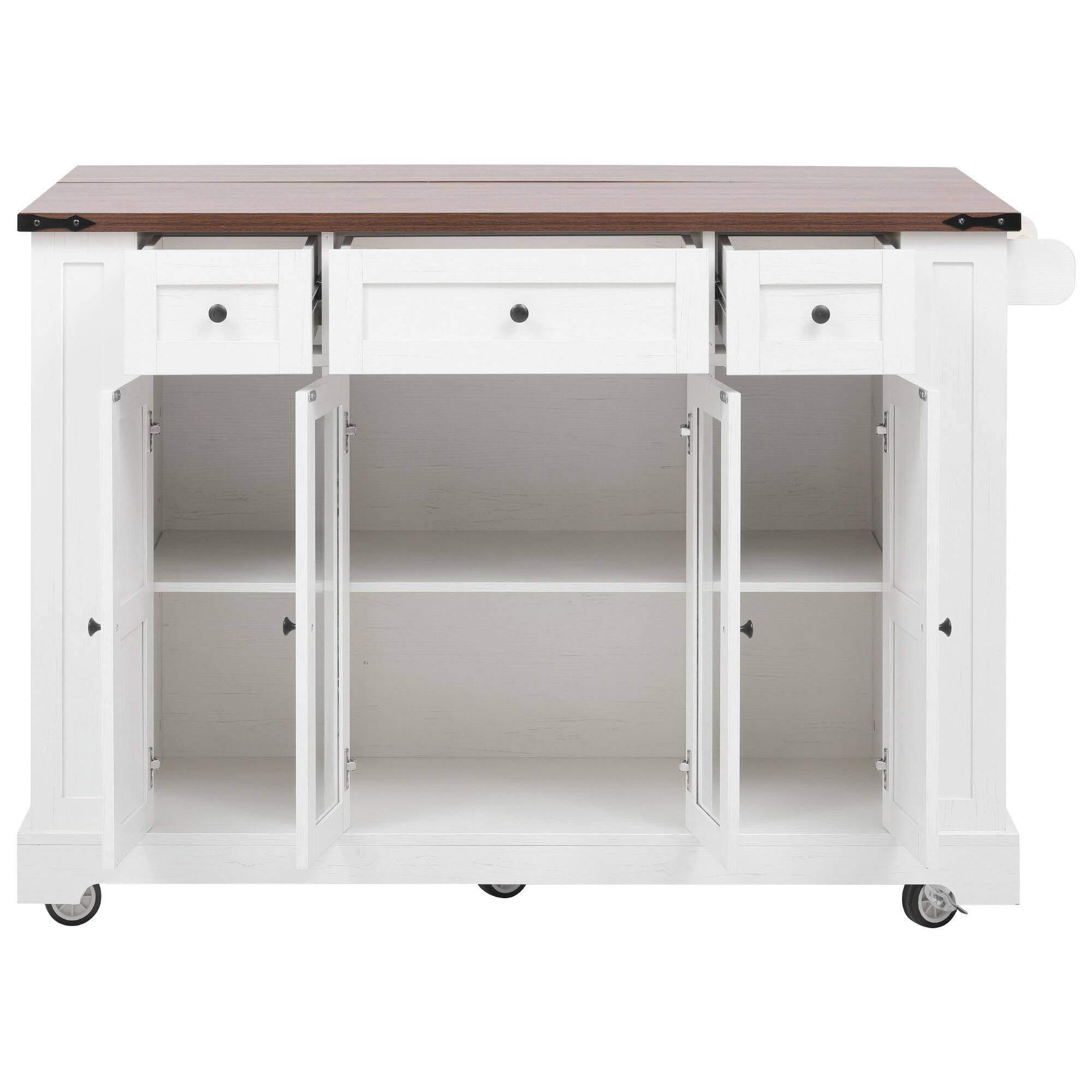 Alt View 6. Spaco - Spaco 53" Farmhouse Kitchen Island Cart with Power Outlet,3 Drawer 5 Rack Rolling Storage, Drop Leaf, Glass Cabinets - White.