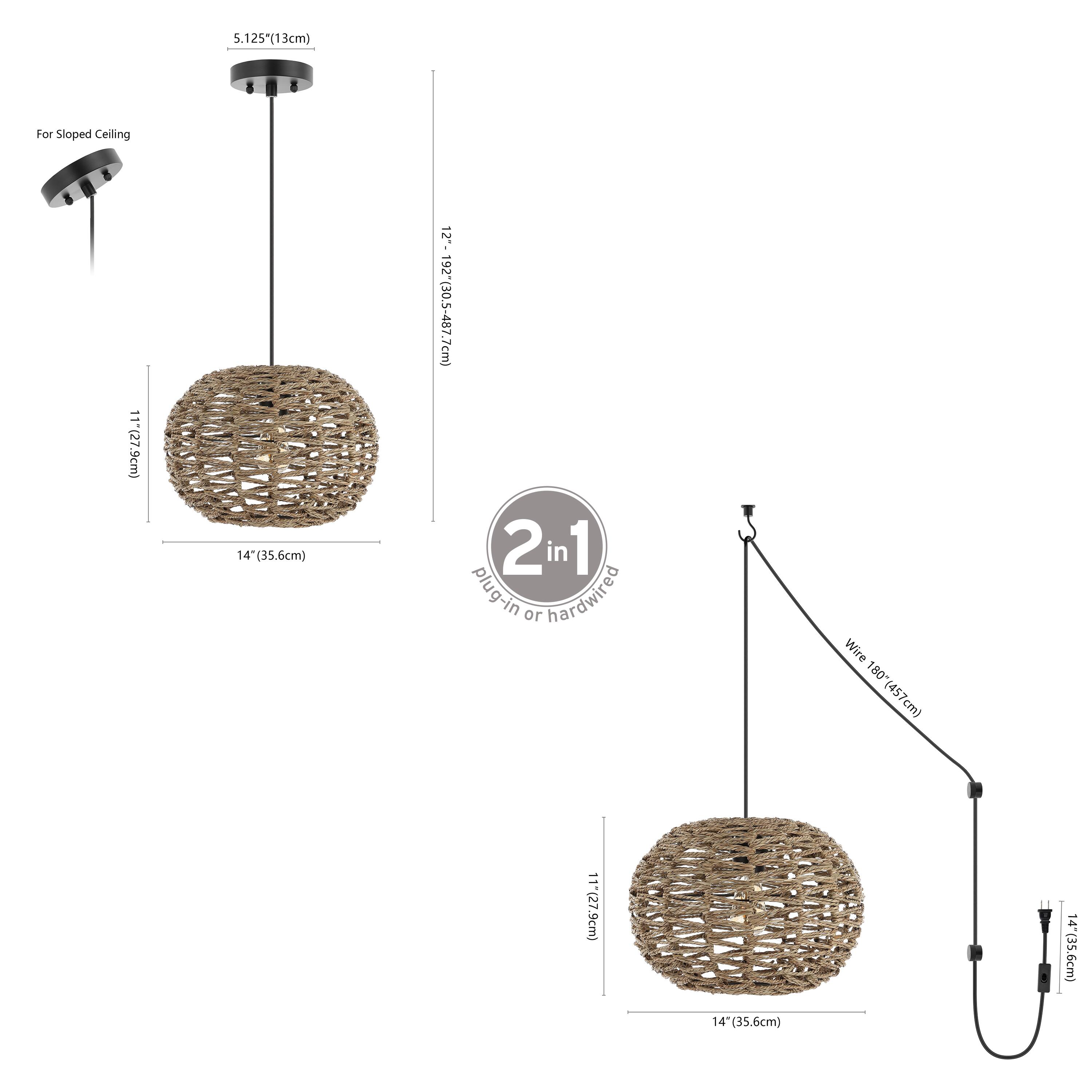 5.125" (13cm)  
3cm) for Sloped Ceiling  
11" (27.9cm)  
14" (35.6cm)  
12" (30.5-487.7cm)  
2 in 1 plug-in or hardwired  
Wire 180" (457cm)  
11" (27.9cm)  
14" (35.6cm)  
35" (35.6cm)