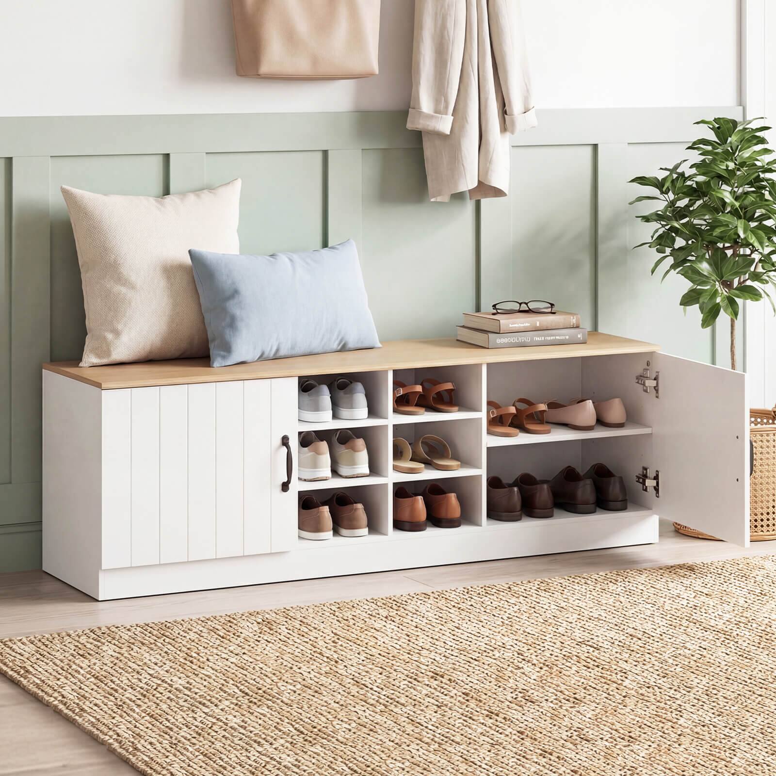 Alt View 1. Costway - Costway 2-Door Shoe Bench wirh Adjustable Shelves & 6 Compartments, Hidden Storage Space - Natural+White.