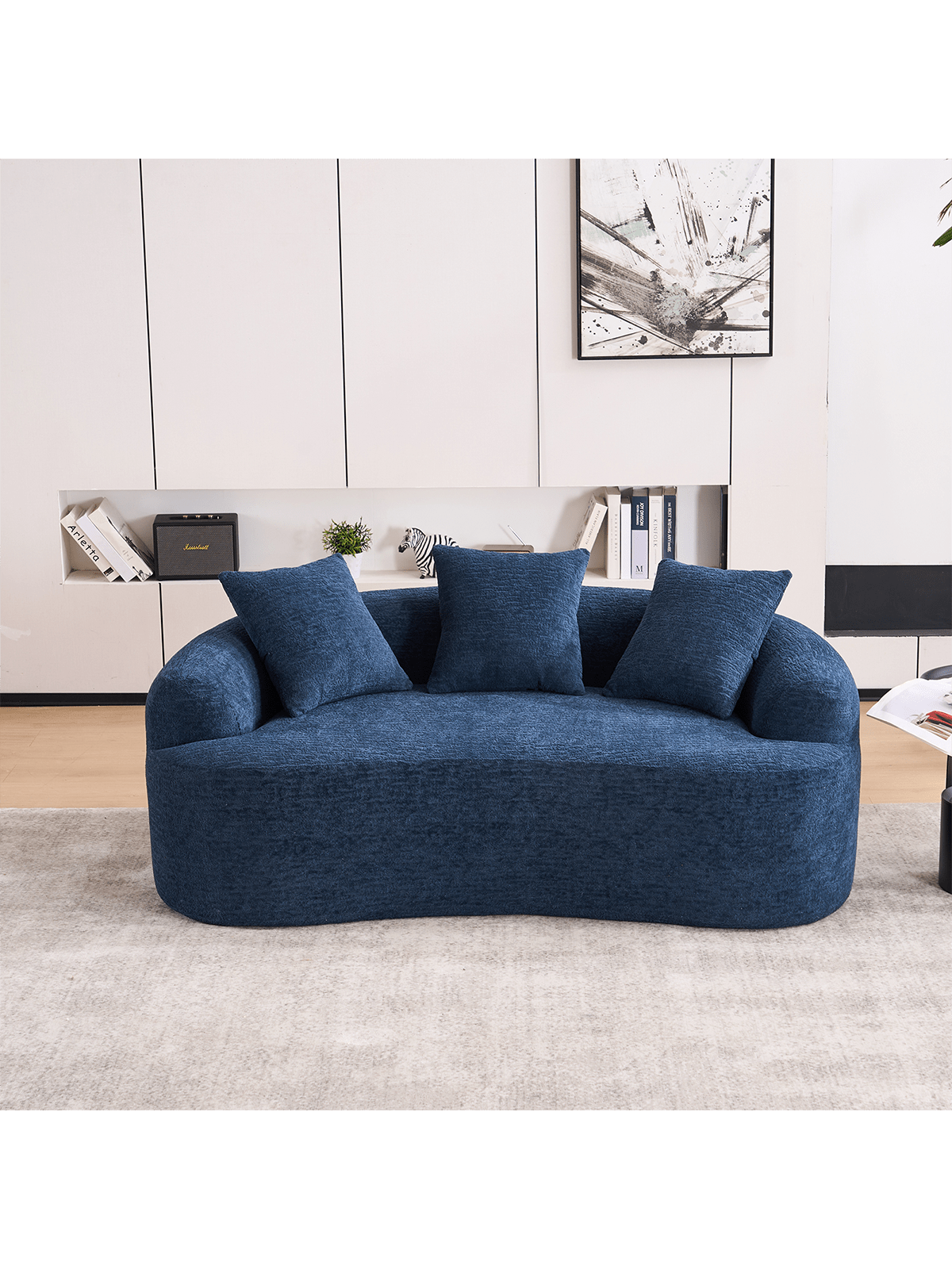 Alt View 4. Trinkets Crazed - 65" Curved Small Loveseat Sofa,Cozy Chenille Upholstered Couch With 3 Pillows,Modern Deep Seat Cloud Couch - Navy.
