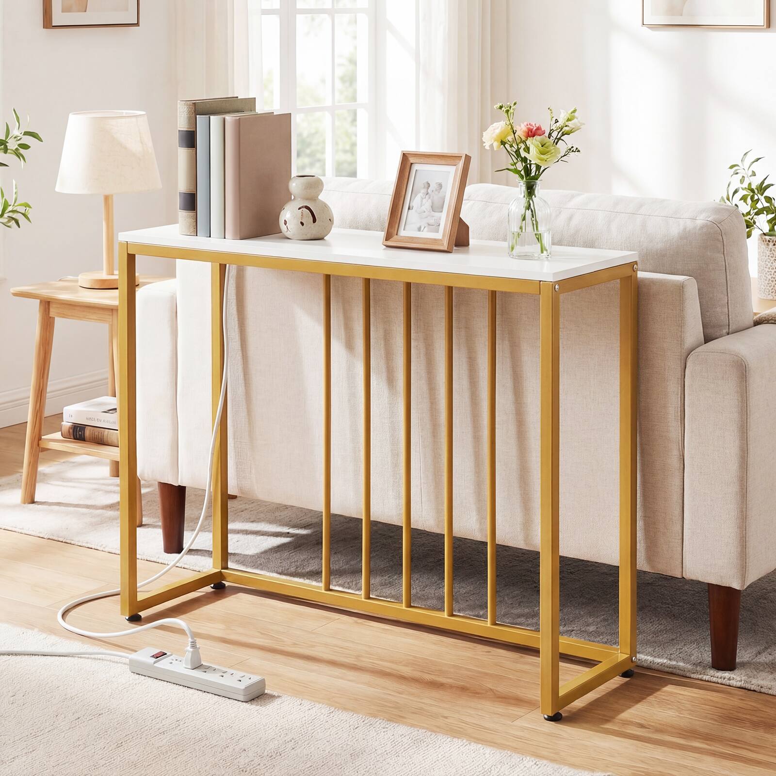 Alt View 1. Costway - Costway Console Table with Built-in Charging Station, Heavy-Duty Metal Frame for Foyer - White + Gold.