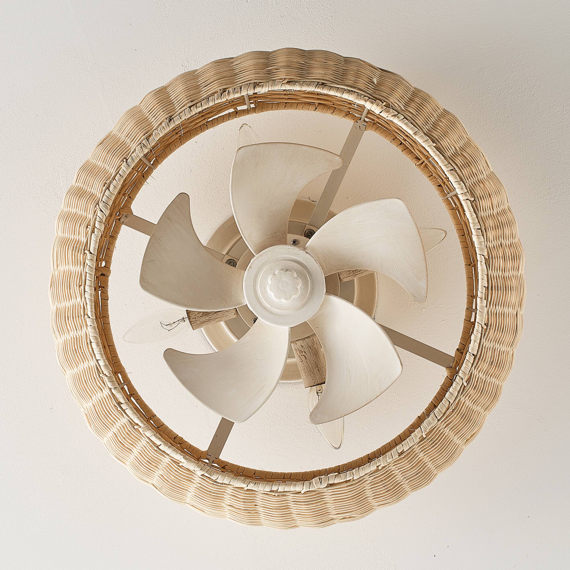 Alt View 1. Vaczon - 20" Boho Rattan Caged Ceiling Fan with Light and Remote, 6-Speed Reversible Blades, Low-Profile Flush Mount Ceiling Fan - Natural Rattan.