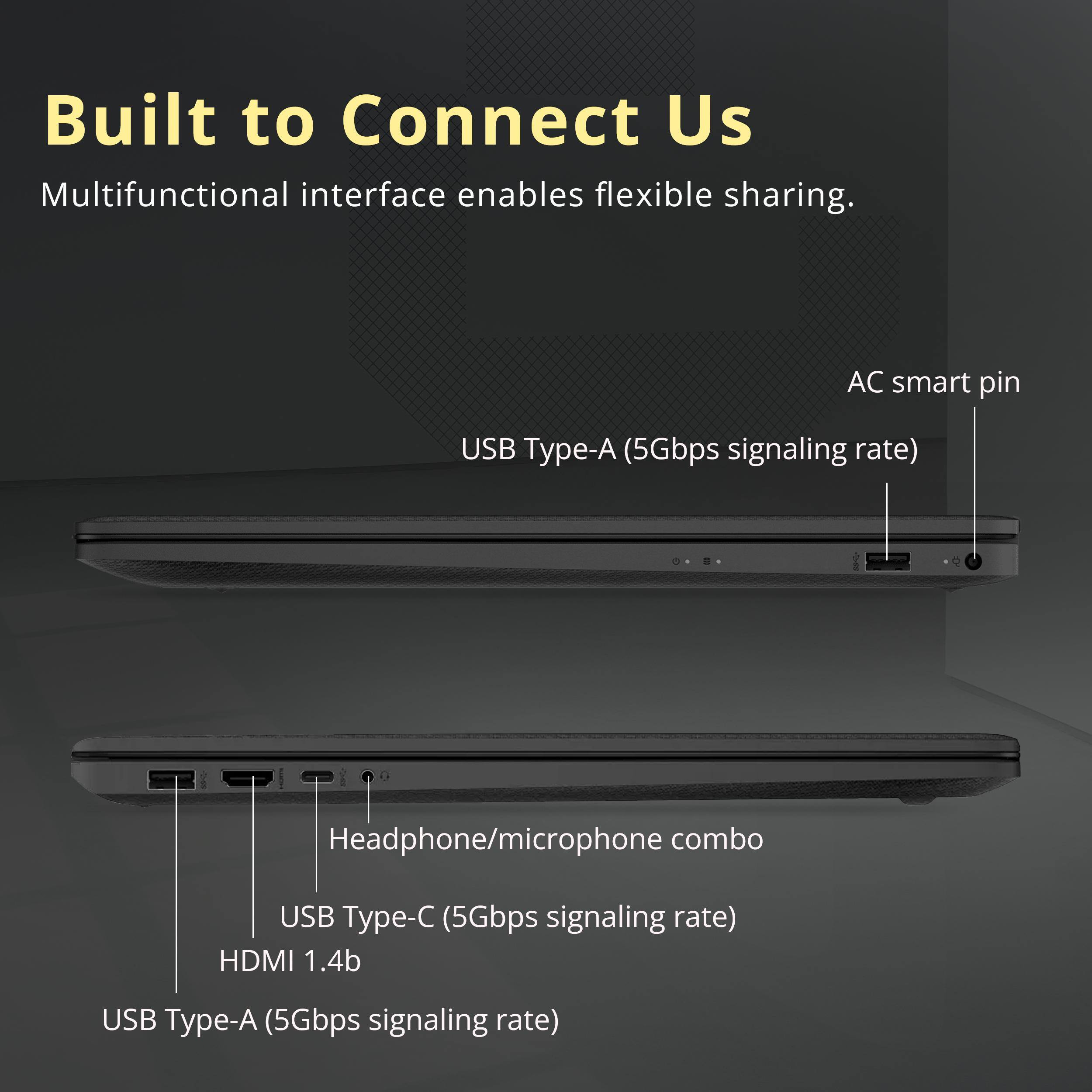Built to Connect Us  
Multifunctional interface enables flexible sharing.  

- AC smart pin  
- USB Type-A (5Gbps signaling rate)  
- Headphone/microphone combo  
- USB Type-C (5Gbps signaling rate)  
- HDMI 1.4b  
- USB Type-A (5Gbps signaling rate)