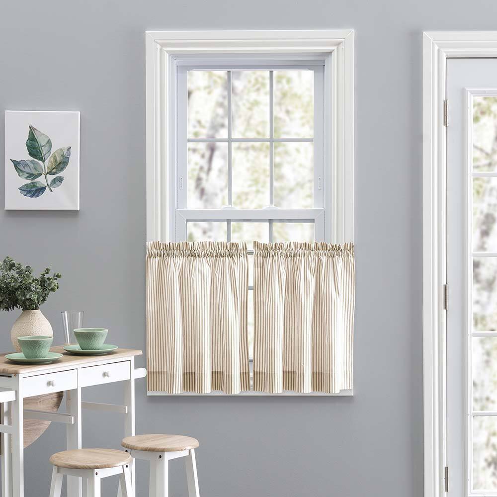 Angle. Ellis Curtain - Ellis Curtain Plaza Classic Ticking Stripe Printed 1.5" Rod Pocket Tailored Tiers 56" x 24" Tan - Tan.