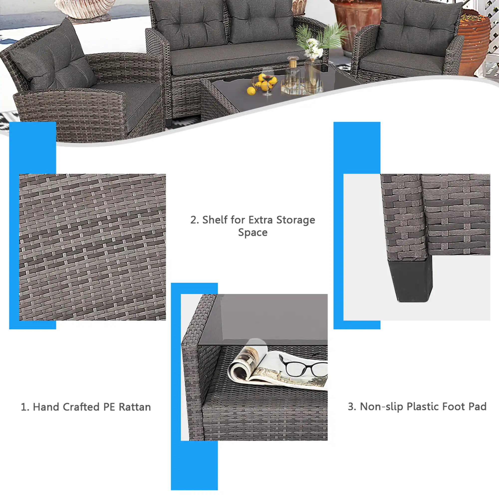 1. Hand Crafted PE Rattan  
2. Shelf for Extra Storage Space  
3. Non-slip Plastic Foot Pad