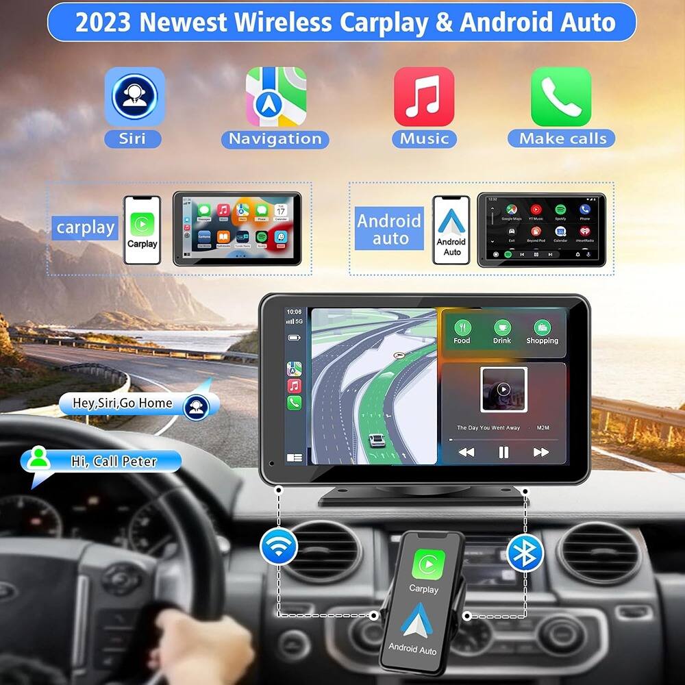 2023 Newest Wireless Carplay & Android Auto

- Siri
- Navigation
- Music
- Make calls

carplay
Carplay

Android auto
Android Auto

Hey, Siri, Go Home

Hi, Call Peter

The Day You Went Away - N2M