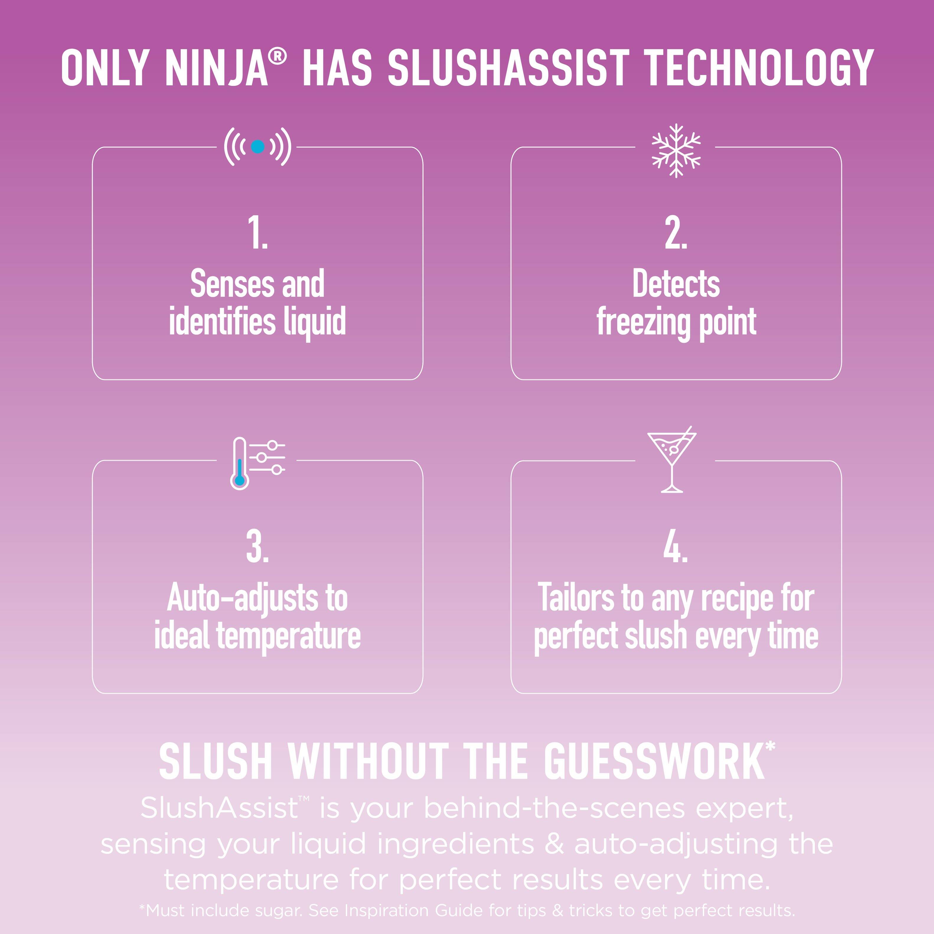 ONLY NINJA® HAS SLUSHASSIST TECHNOLOGY

1. Senses and identifies liquid
2. Detects freezing point
3. Auto-adjusts to ideal temperature
4. Tailors to any recipe for perfect slush every time

SLUSH WITHOUT THE GUESSWORK*
SlushAssist™ is your behind-the-scenes expert, sensing your liquid ingredients & auto-adjusting the temperature for perfect results every time.
*Must include sugar. See Inspiration Guide for tips & tricks to get perfect results.