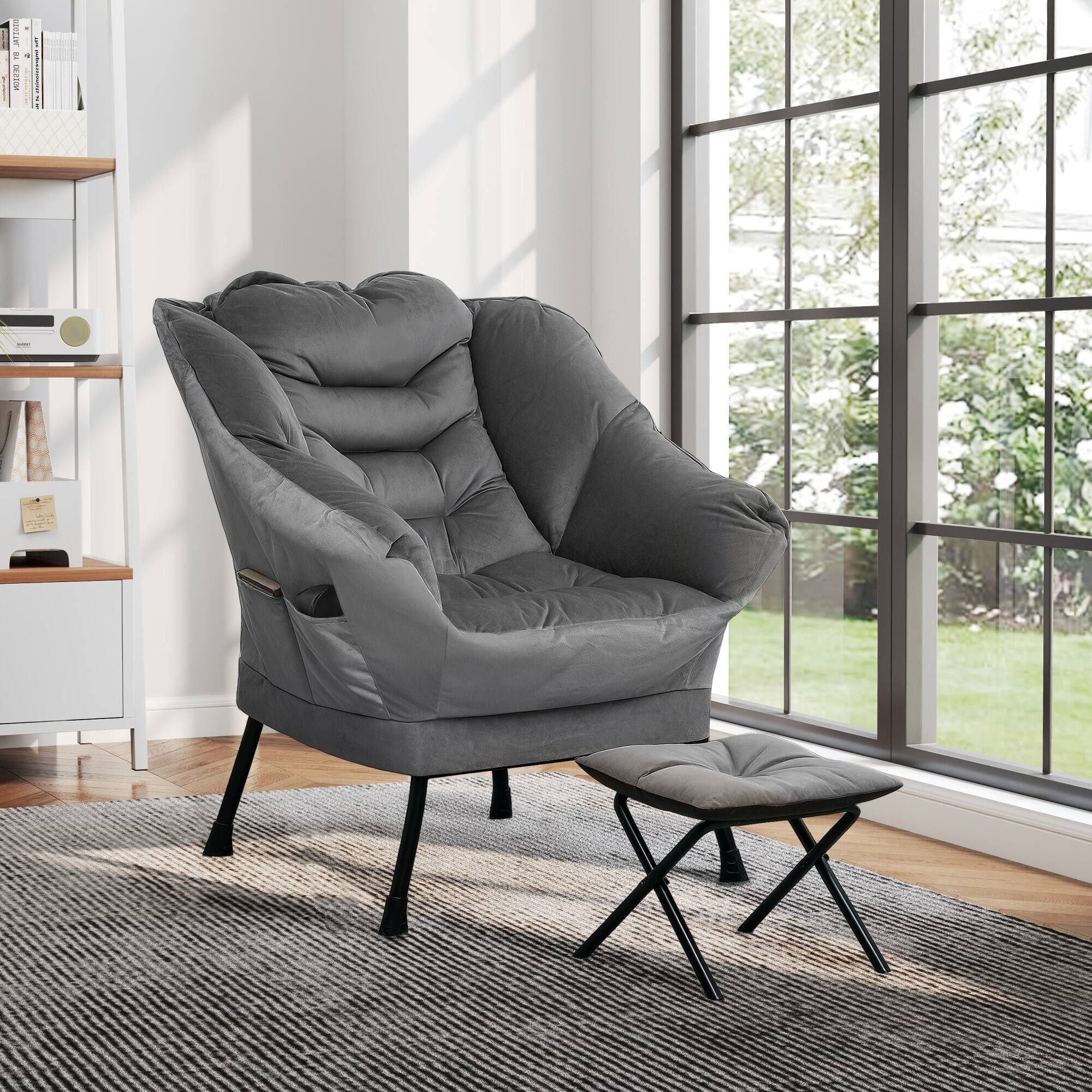 Alt View 5. Homcom - Modern Recliner Chair with Ottoman - Fabric Lounge Armchair, Leisure Sofa & Footstool Set for Living Room​ - Gray.