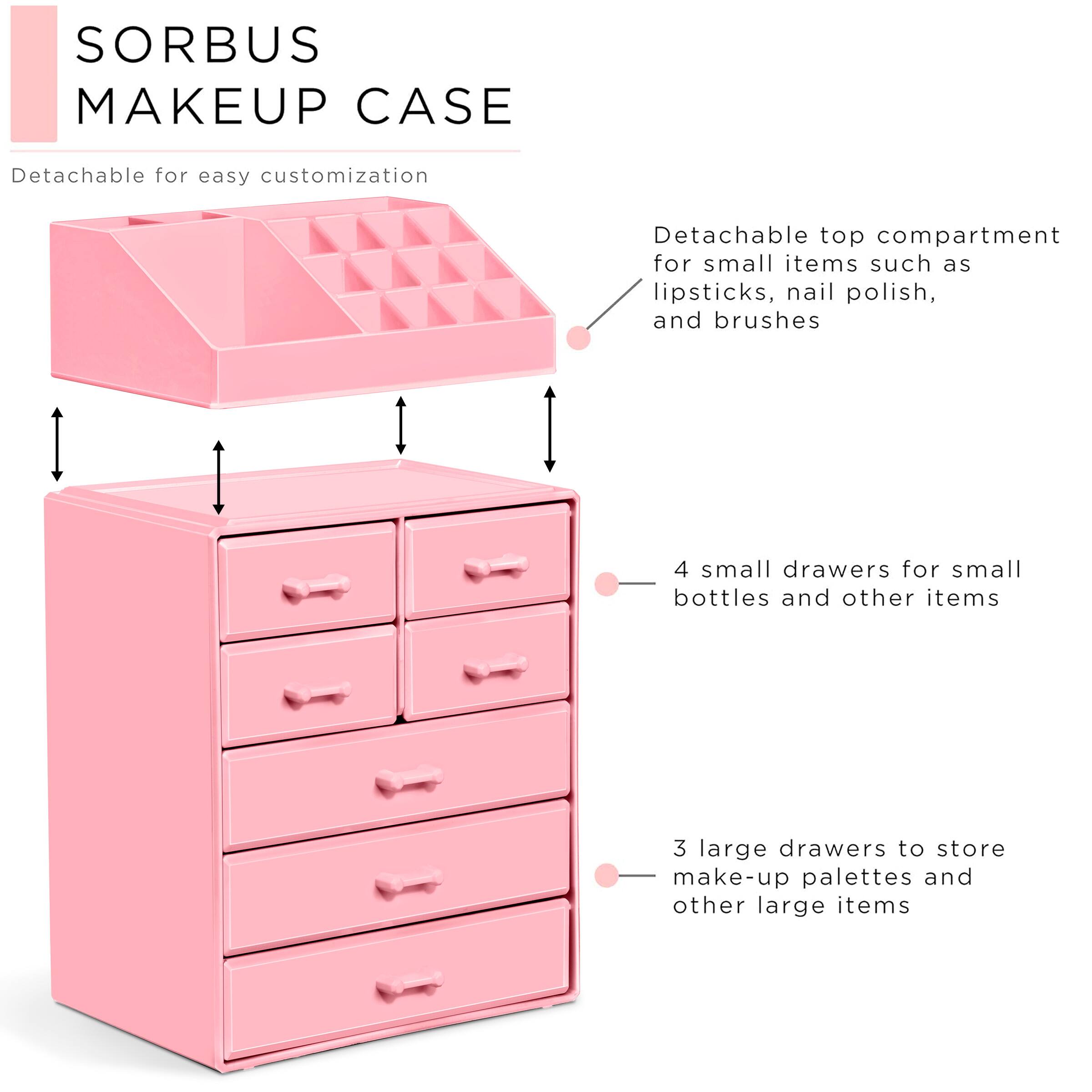 SORBUS MAKEUP CASE

Detachable for easy customization

- Detachable top compartment for small items such as lipsticks, nail polish, and brushes
- 4 small drawers for small bottles and other items
- 3 large drawers to store make-up palettes and other large items