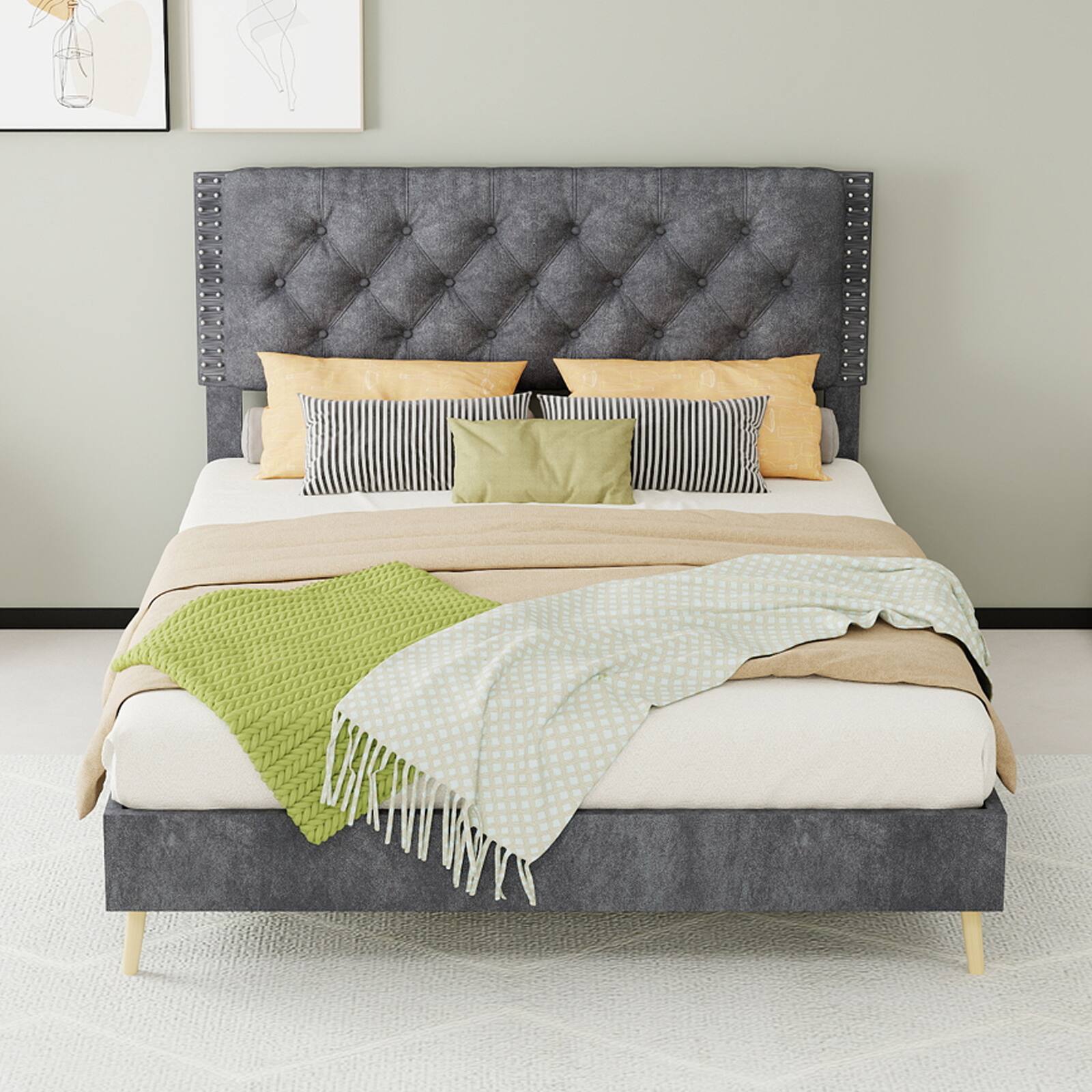 Alt View 6. Loheer - Loheer Full Size Gray Suede Bed Upholstered Platform Bed Frame with Soft Headboard Sturdy Structure - Grey.