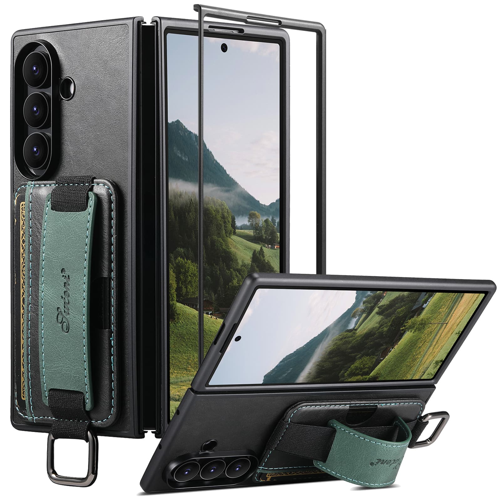 Dteck - Wallet Case for Samsung Galaxy Z Fold 8 Ultra, Oil Wax PU Leather Retro Business Card Holder Wrist Strap Stand Cover - Black