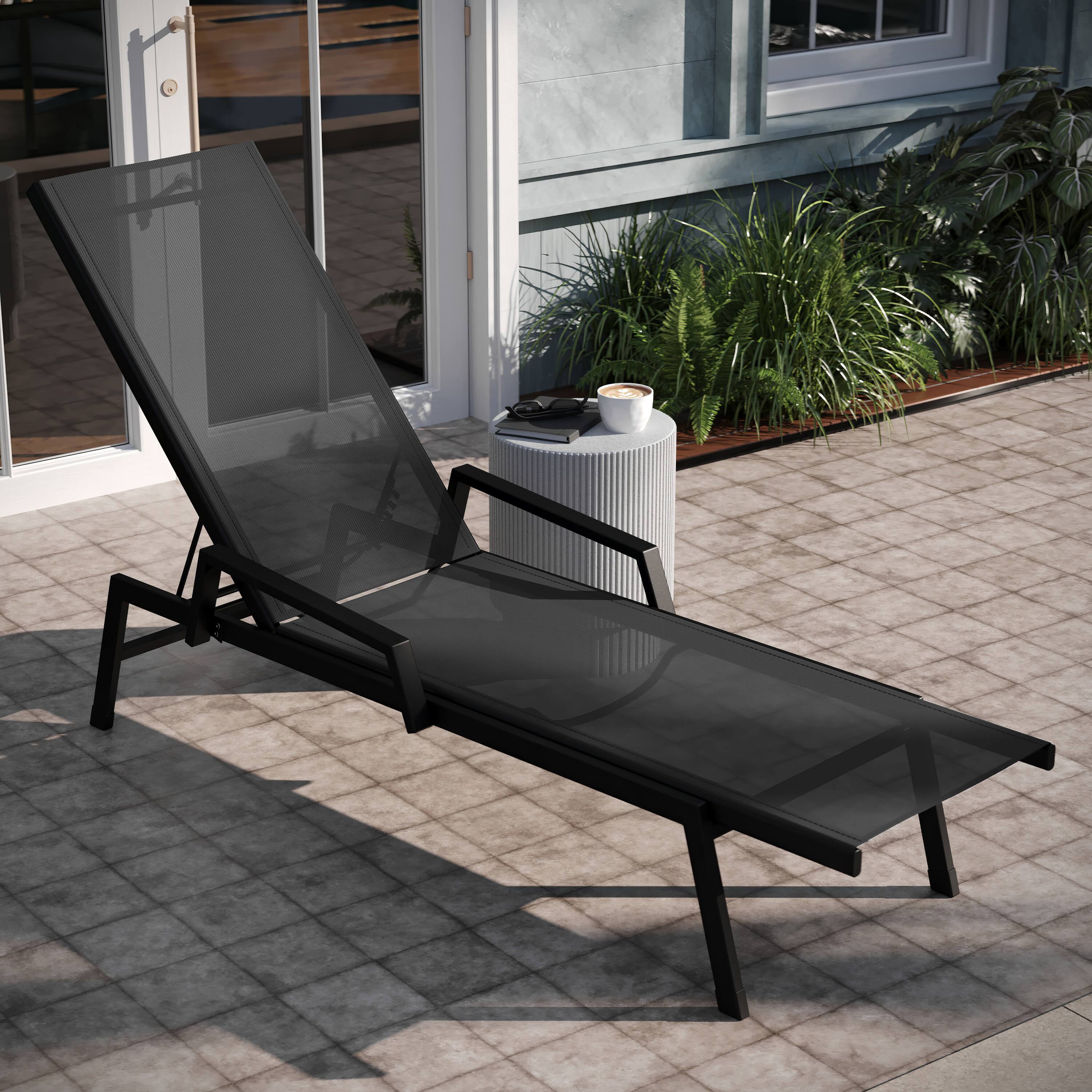 Alt View 3. Emma + Oliver - Braelin Textilene Adjustable 5 Position Patio Chaise Lounge with Armrests and Metal Frame - Black/Black.