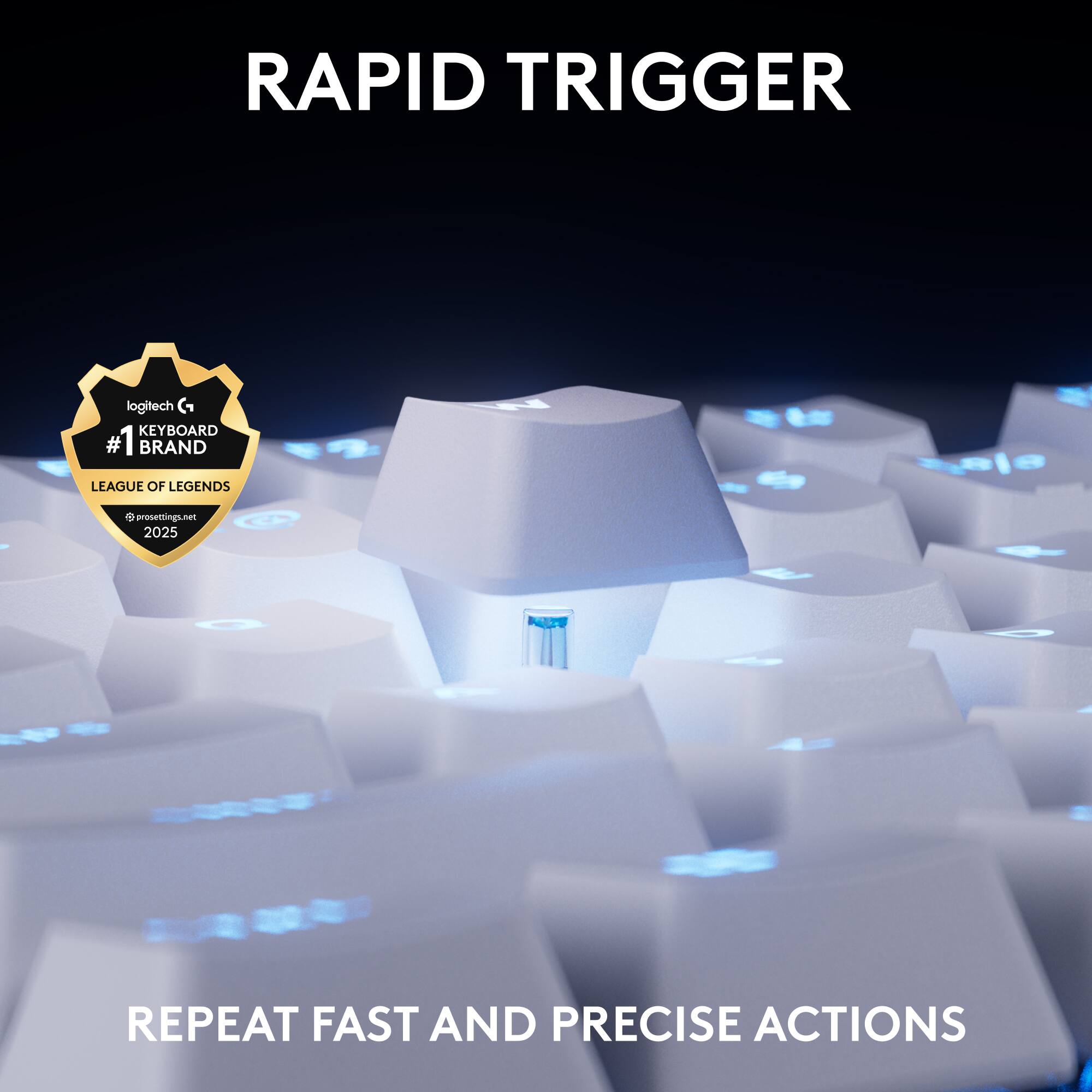 RAPID TRIGGER  
logitech G KEYBOARD  
#1 BRAND  
LEAGUE OF LEGENDS  
prosettings.net 2025  
REPEAT FAST AND PRECISE ACTIONS