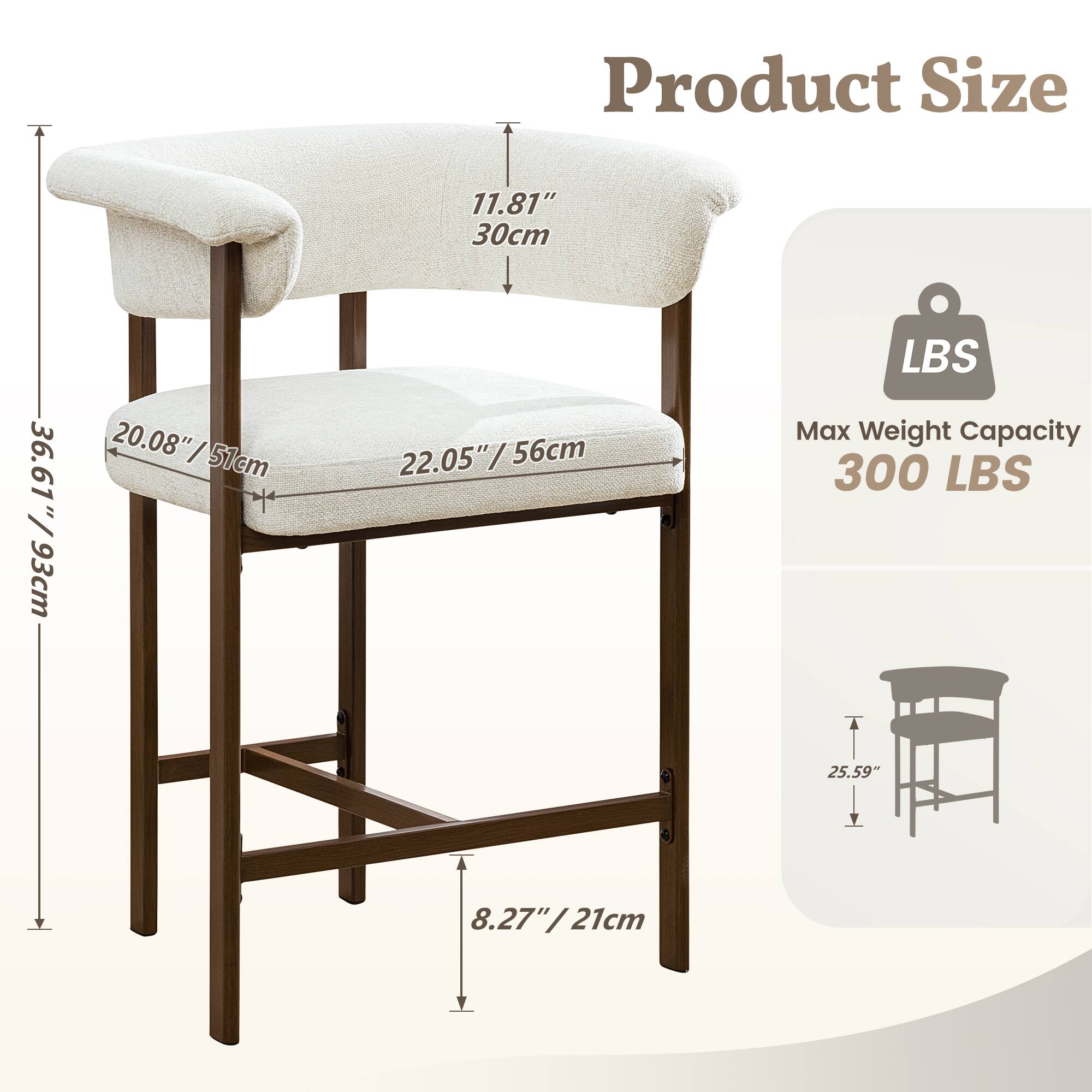 Product Size  
11.81" / 30cm  
20.08" / 51cm  
22.05" / 56cm  
36.61" / 93cm  
8.27" / 21cm  

Max Weight Capacity  
300 LBS